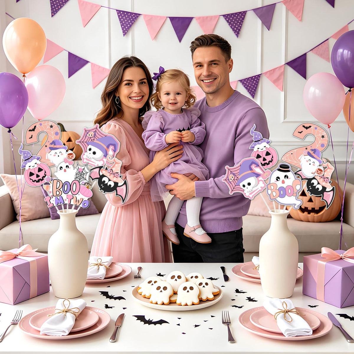 Fangleland 24PCS Halloween 2nd Birthday Centerpiece Sticks, Pink Purple Boo I'm Two Table Toppers Cute Ghost Pumpkin Photo Booth Props, Two Spooky 2 Year Old Party Supplies for Girls
