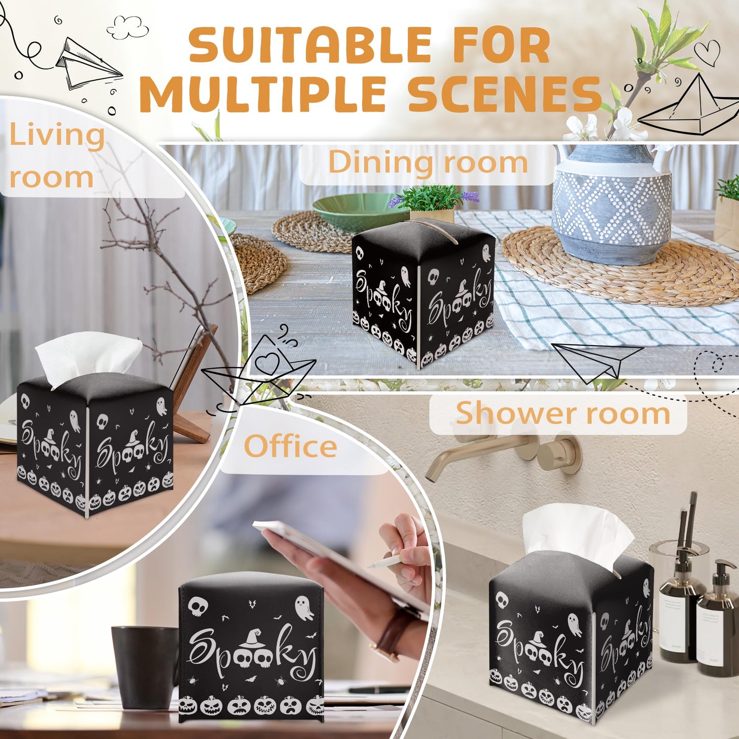Halloween Tissue Box Holder, Black Spooky Pumpkin Leather Tissue Box Cover Square, Horror Facial Paper Organizer Dispenser Toilet Paper Holder for Bathroom Kitchen Office Home Decor-A10