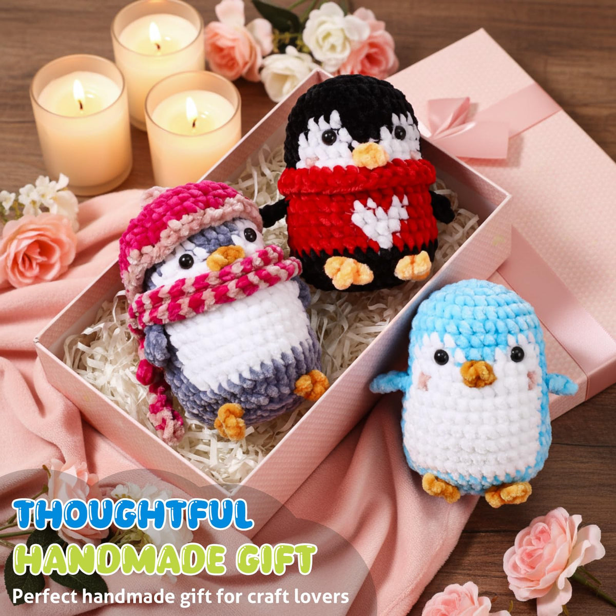 XunYee 3 Pcs Little Penguins Crochet Kit DIY Amigurumi Set Chenille Yarn Crochet Kit for Beginners with Complete Tools Step-by-Step Pattern Craft Gift for Adults