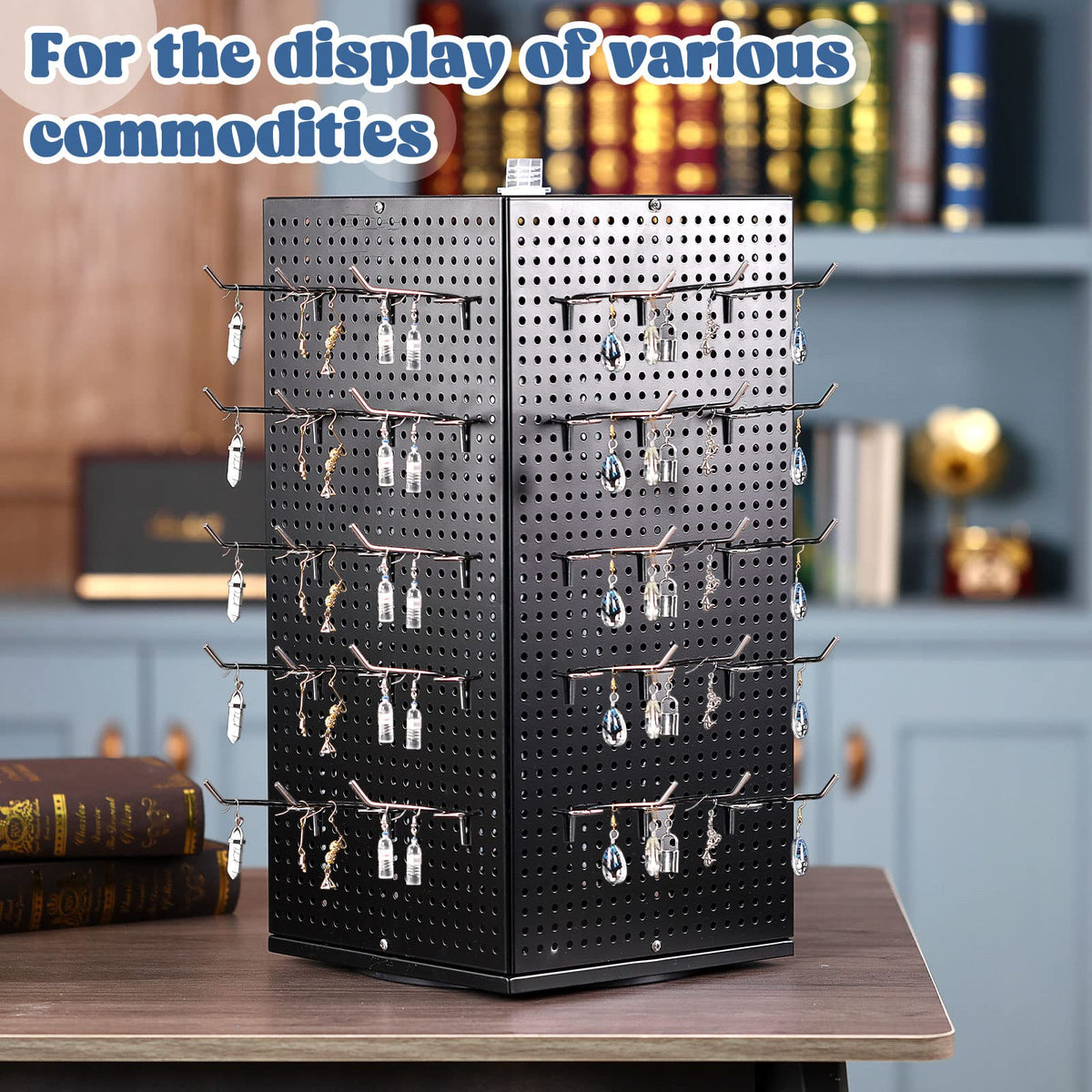 Geelin Metal Pegboard Display with Pegboard Hooks, 9.8 x 9.8 x 20.5 In Rotating Display Stand Display Racks for Craft Shows Pegboard Organizer with Peg Hooks for Jewelry Organizing Retail (Black)
