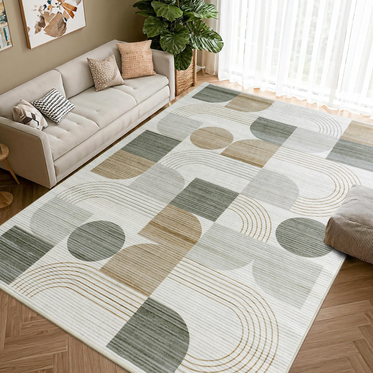 QDUIDU Large Machine Washable 5x7 Area Rug, Soft Modern Geometric Abstract Beige Rugs for Bedroom Living Room, Non-Shedding Faux Wool Indoor Throw Floor Carpet for Office Entryway Dining Room Decor