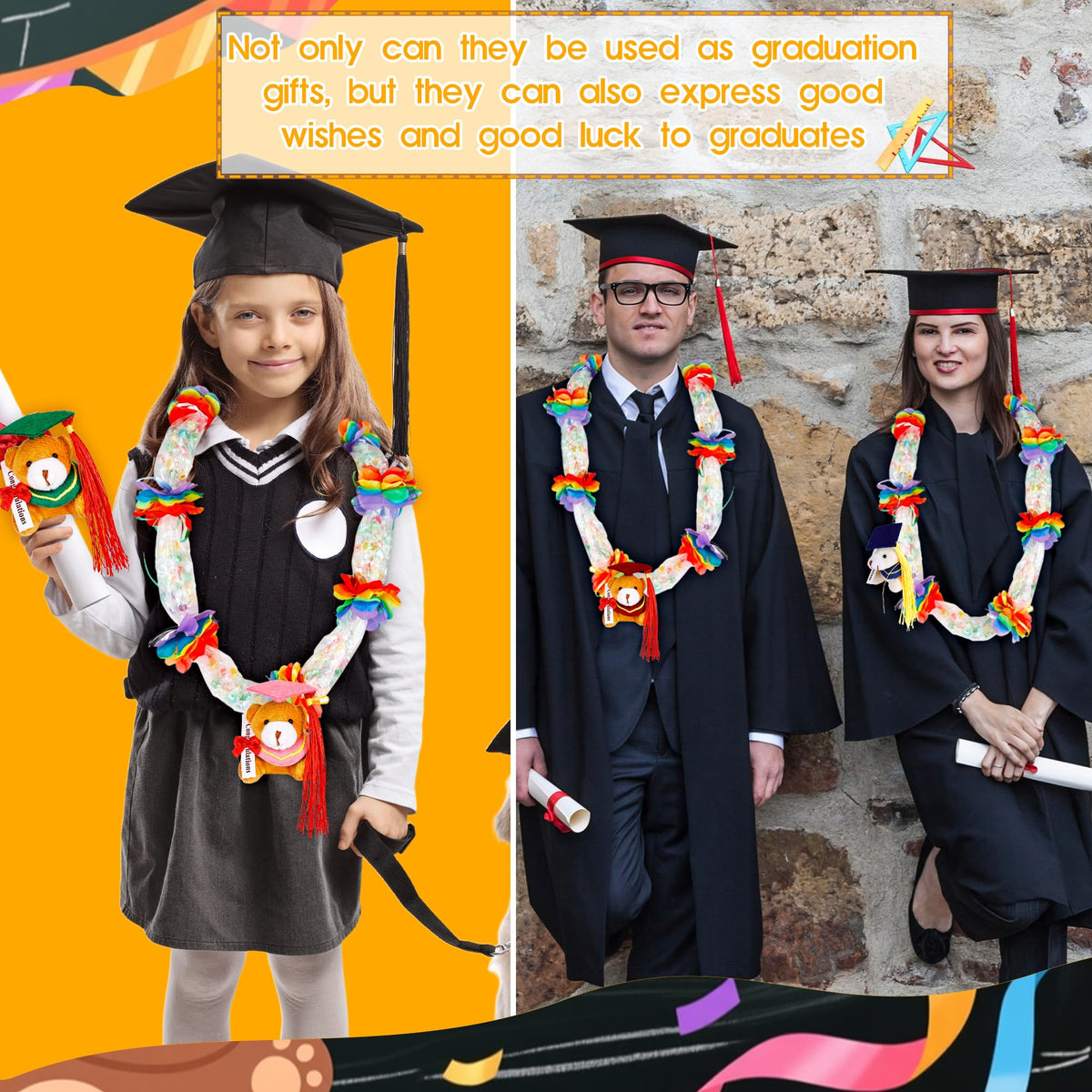 Mikasee 180 Pcs Graduation Candy Lei Making Kit 10 Mini Graduation Bear Bulk 10 Pcs Mesh Bag 150 Pcs Flower Pieces with 10 Rolls Gift Ribbon Wrapping DIY for School Graduation Wreaths