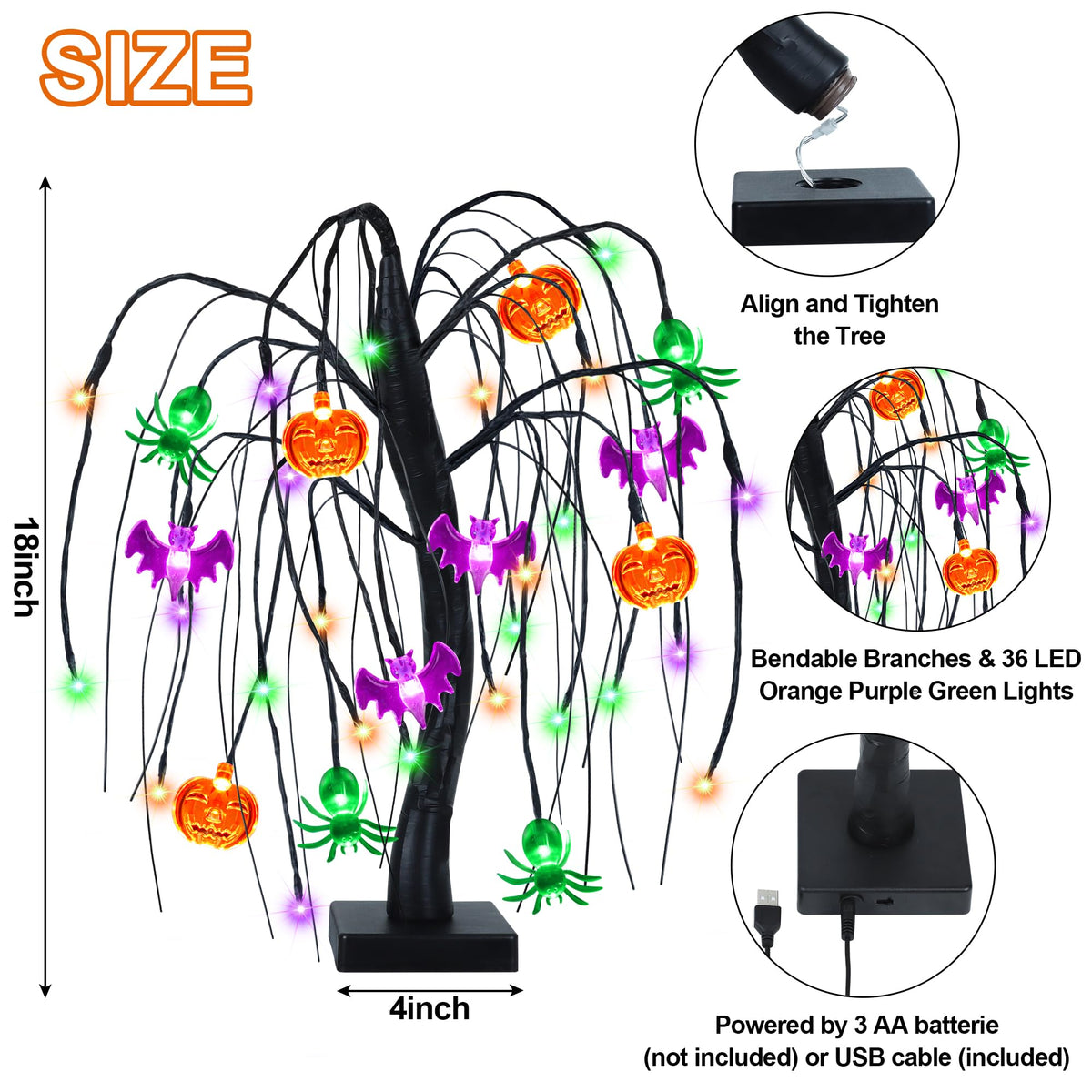 Halloween Table Decor 18 Inch 36 LED Halloween Willow Tree with Pumpkin Bat Spider Lights, Timer/USB/Battery Operated Black Halloween Tree Spooky Halloween Decorations Indoor for Home Party Room Gifts