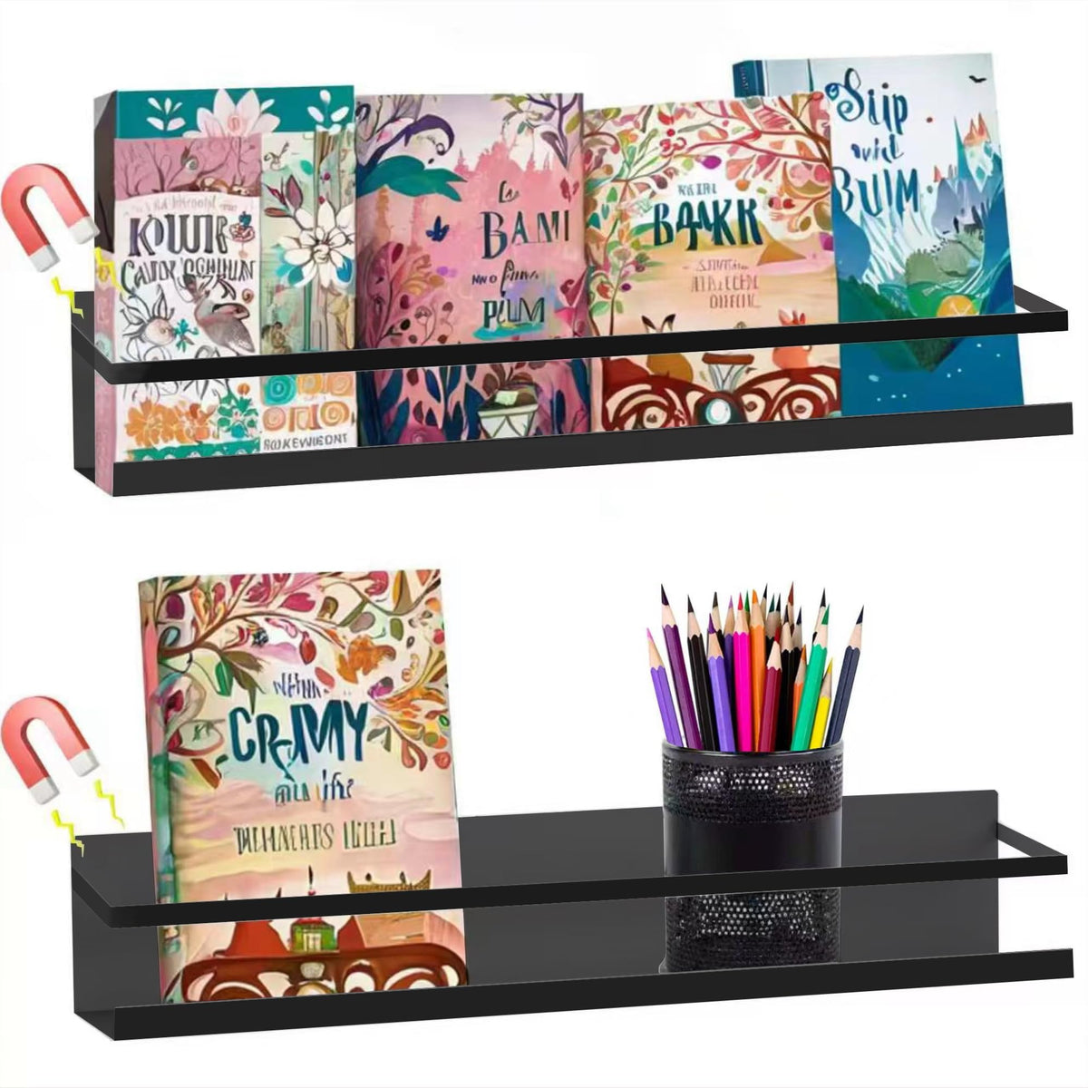 VANPET Metal Magnetic Book Shelf for Whiteboard, Metal Magnetic Bookshelf, Book Display Shelf for Teacher Kids Classroom Office (Black)