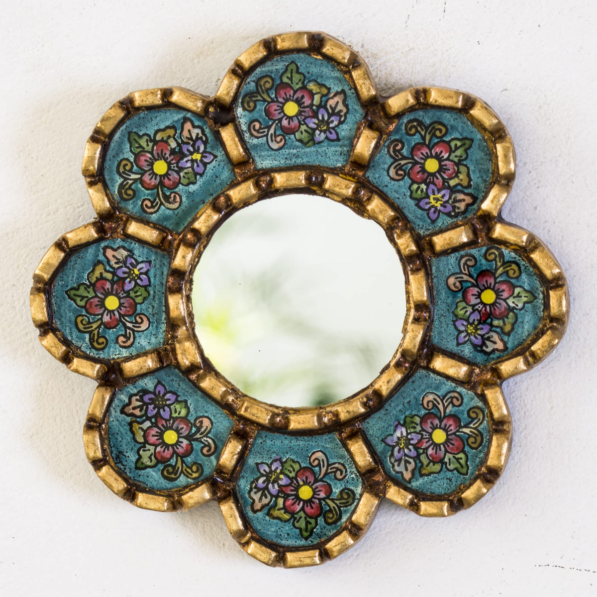 DECORCONTRERAS Artisan Handcrafted Wall Mirror Set, 3 Floral Shape Mirrors, Bronze Finish Frame, Turquoise Purple Beige Glass