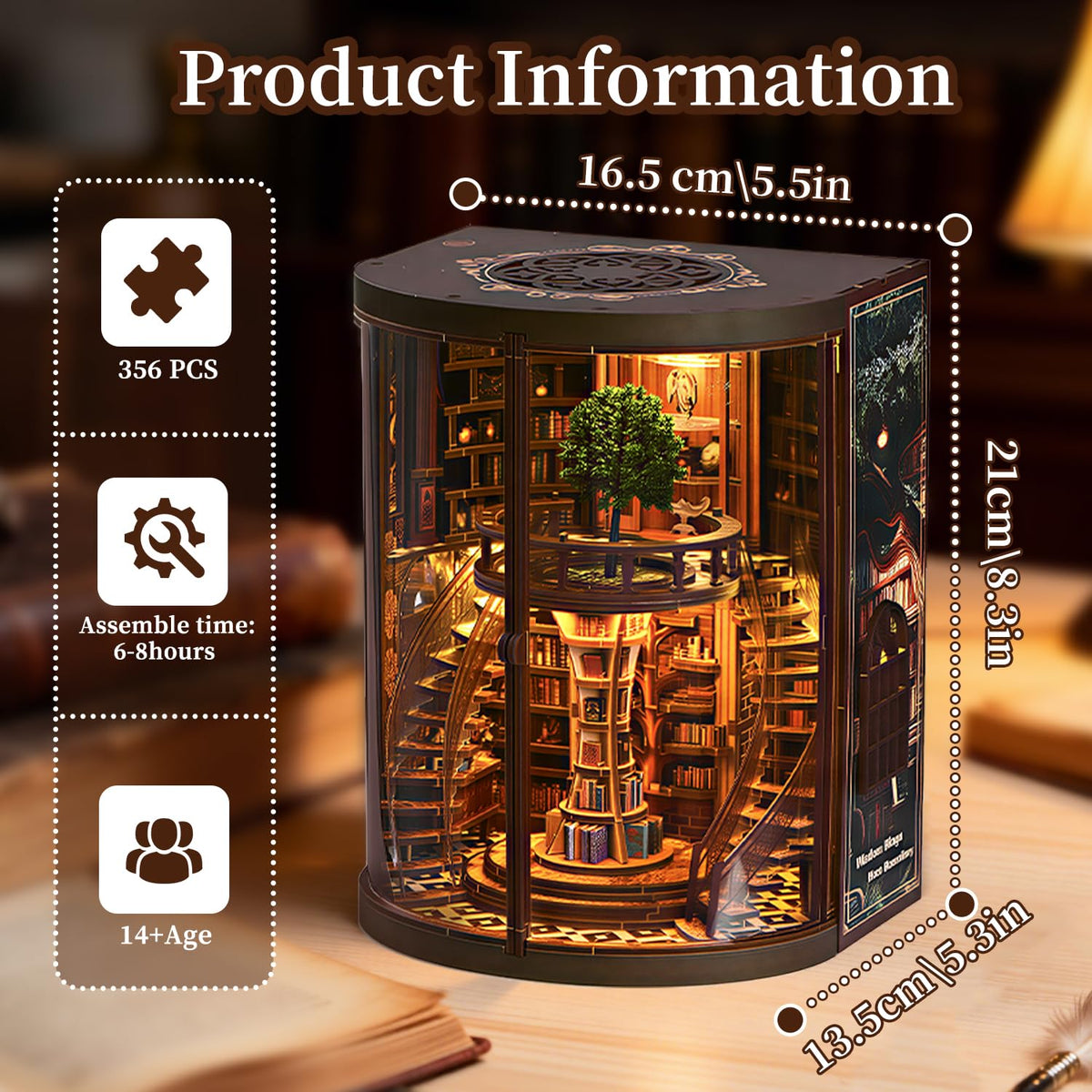 Book Nook Kit for Adult-3D Wooden Puzzles Miniature Library Bookshelf Insert Bookend Decor，Adult Miniature Model with LED Light and Dust Cover, Touch Switch, Adult Craft Kits Gift