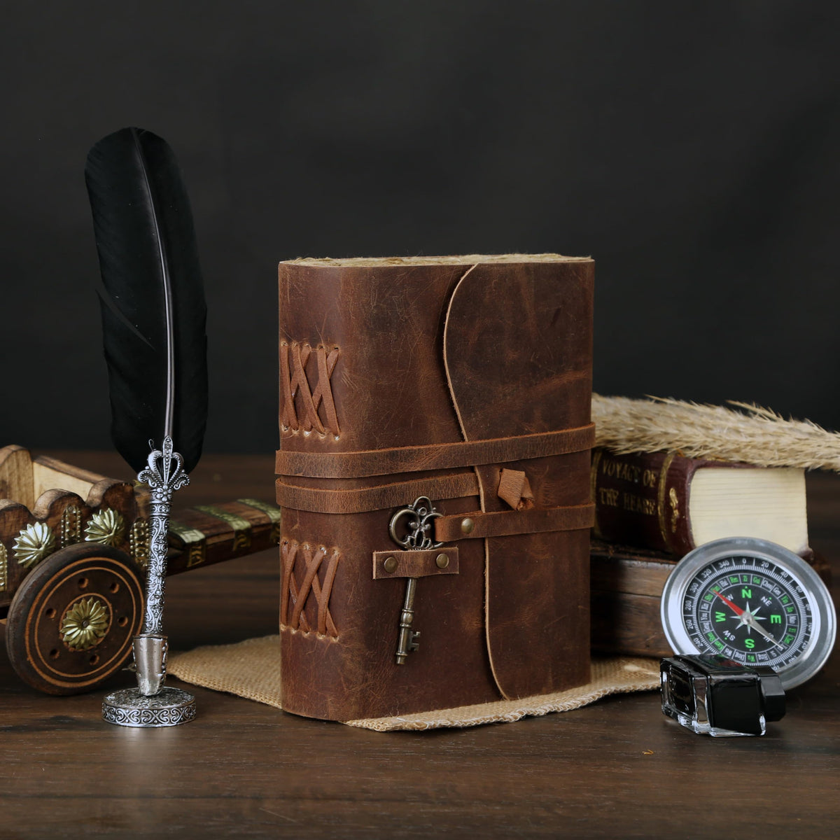 Leather Journal with Deckle Edge Paper 8x6 inch and Vintage Key | Handmade Writing Notebook Diary | Bound Daily Notepad for Men & Women Medium, Sketch/Writing pad for Artists