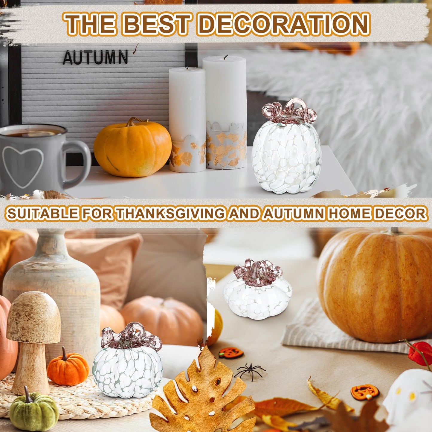 Geelin 3 Pcs Hand Blown Glass Pumpkin Figurine Autumn Crystal Glass Pumpkin Collectible Ornaments for Tabletop Thanksgiving Halloween Fall Harvest Decorations (White)