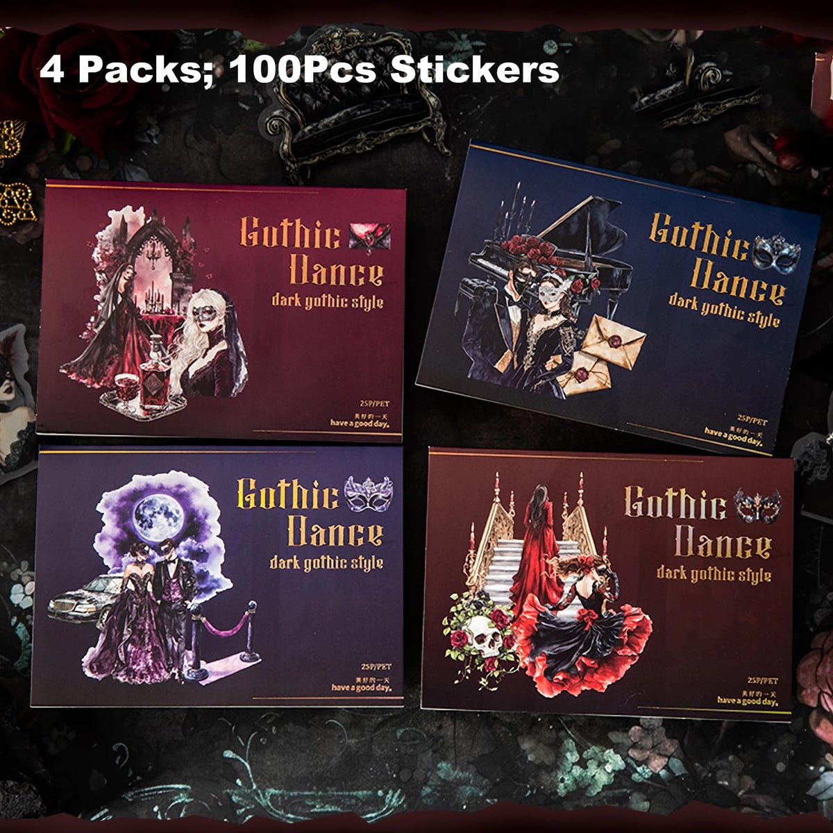 AuriicLeaf Dark Gothic Ballroom PET Sticker Set, 100PCS Vintage Dance Ephemera for Scrapbooking, Journaling, DIY Crafts, and Planner Supplies