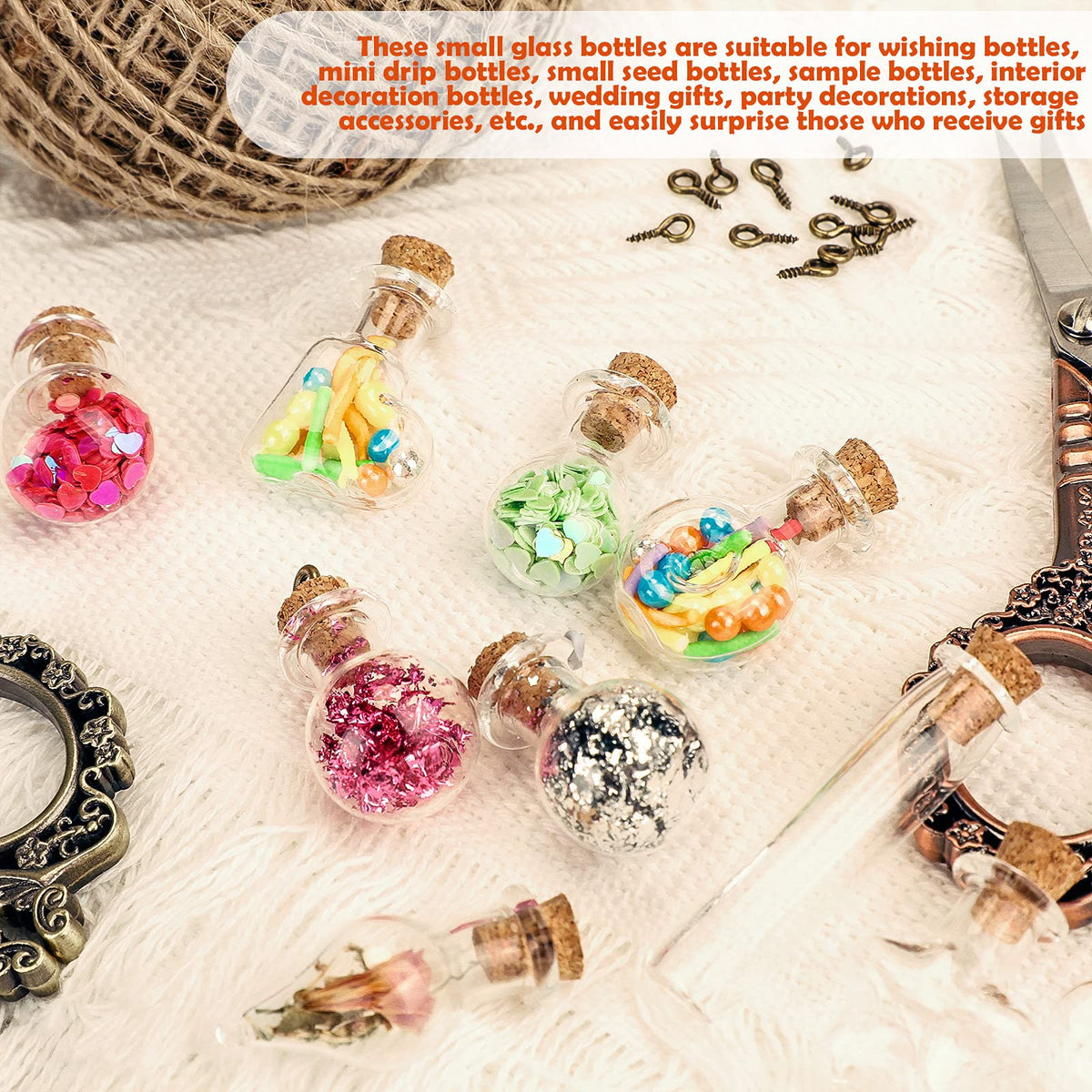 Honeydak 100 Pcs Small Mini Glass Bottles Jars with Cork Stopper Set Potion Bottle Tiny Refillable Wishing Bottles Drifting Bottle with Eye Screw Funnel Rope for DIY Bead Containers, 10 Shapes