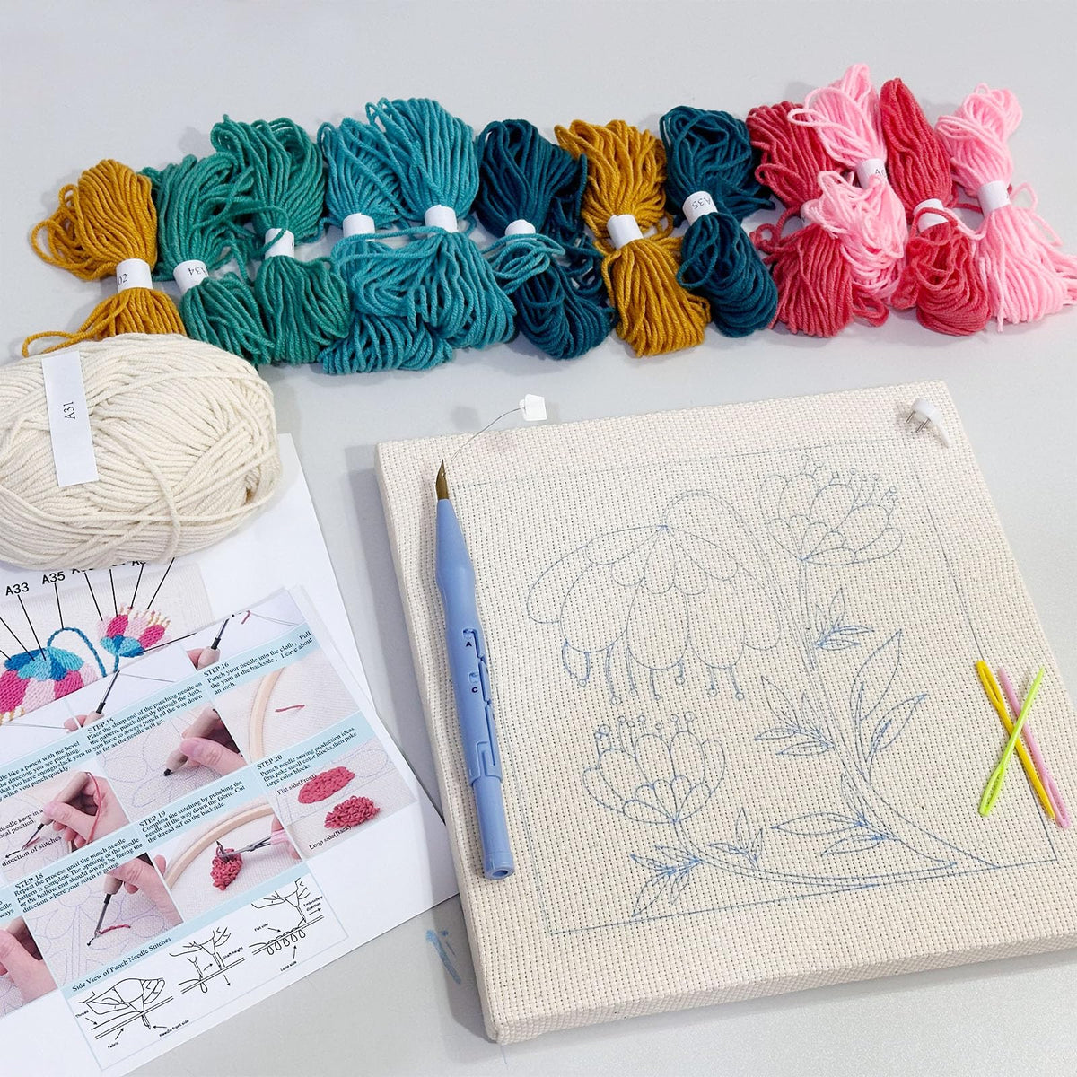 Allazone Punch Needle Kit Frame, Punch Needle Embroidery Kits, Square Punch Needle Fabric with Flower Pattern, Hoop, Yarns, Punch Needle (Beige and Pink)