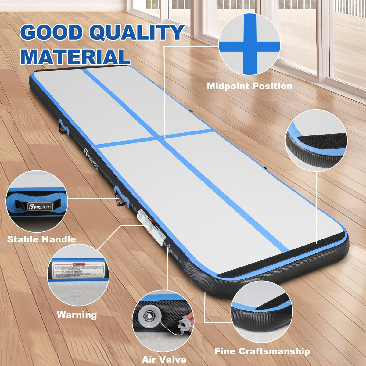 FBSPORT 16ft Inflatable Air Gymnastics Mat Training Mats 4 inches Thickness Gymnastics Tracks for Home Use/Training/Cheerleading/Yoga/Water with Pump