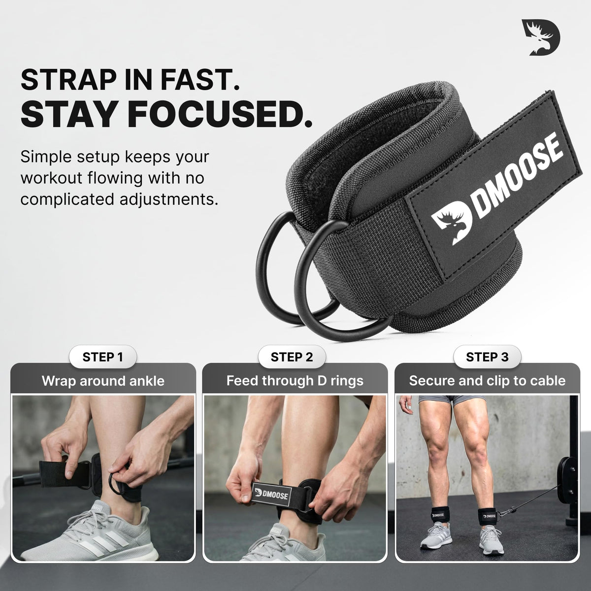DMoose Ankle Strap for Cable Machine - One Size Fit with Premium Padding, Workout Kickback Ankle Cuffs, Ankle Bands for Working Out, Booty Workouts, Leg Extension, Hip Abductors & Lower Body Exercises