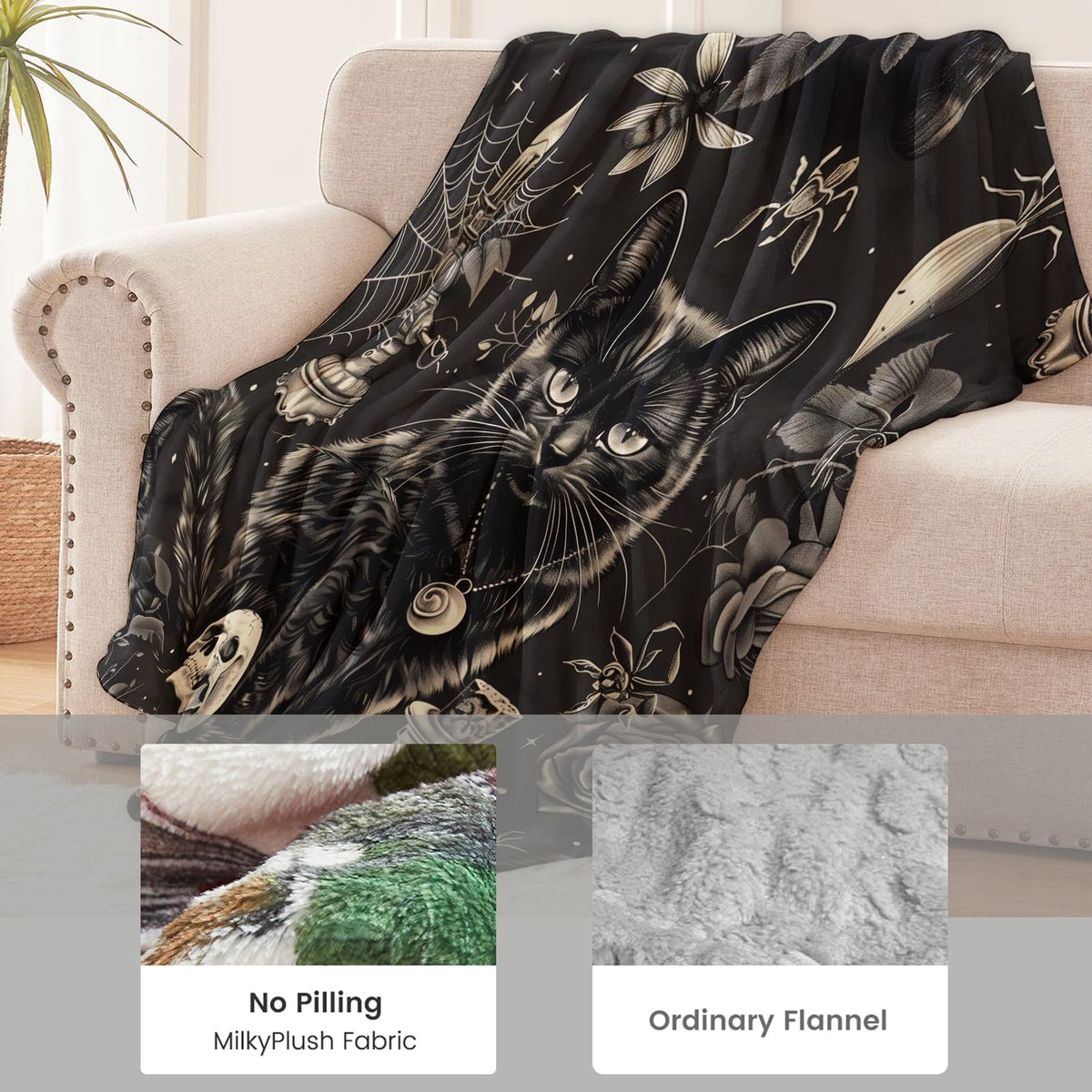 Goth Skull Blanket for Boys Kids Men Women, Flannel Skeleton Blankets Gifts, Halloween Black Cat Throw Blanket for Sofa Couch Bed Living Room Soft Warm Cozy Gothic Decor 60" x 50"
