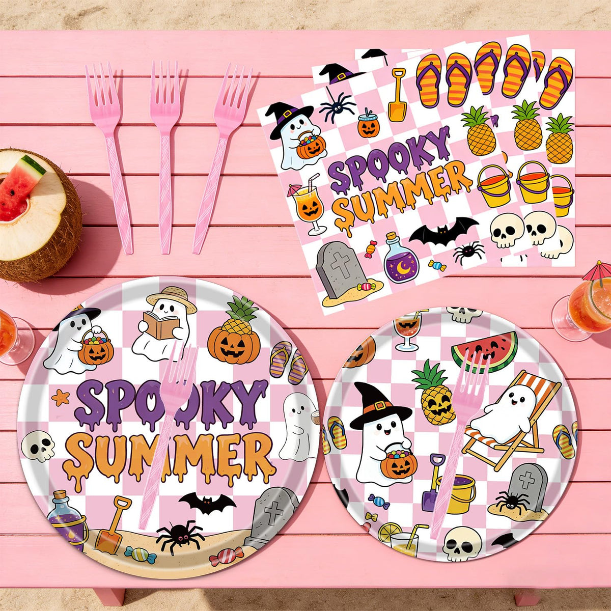 Gameza Summer Halloween Party Decorations - 96PCS Happy Summer Halloween Party Plates Napkins and Forks Disposable Tableware Set, Ghost Spooky Ween Vibes Holiday Party Supplies Decor, Serve 24