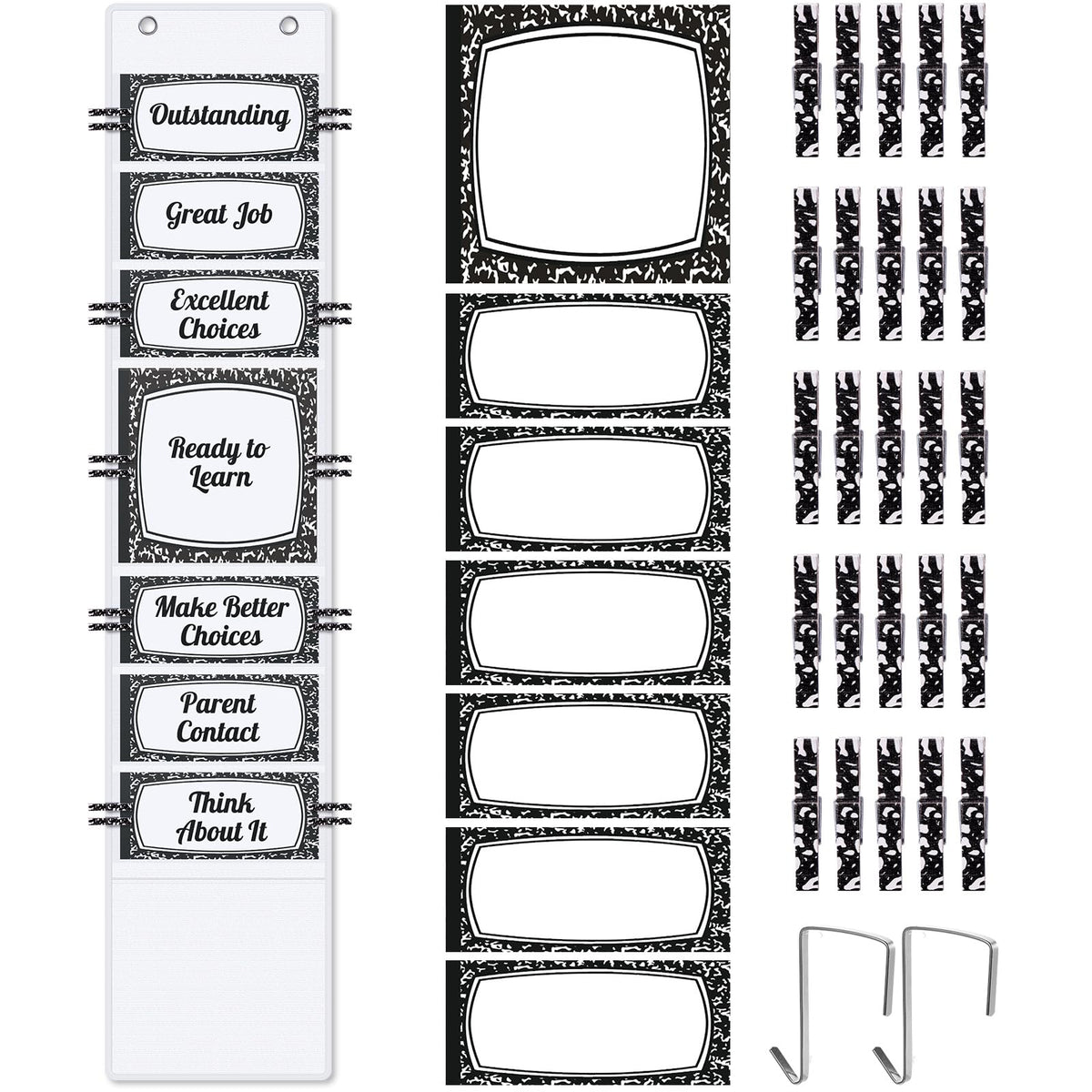 AmazingSpark 57 Pcs Classroom Behavior Chart for Student Management Kids Tracking Chart Hanging Creative Bulletin Board with 40 Clips for School Preschool Child Care(Black Composition Book)