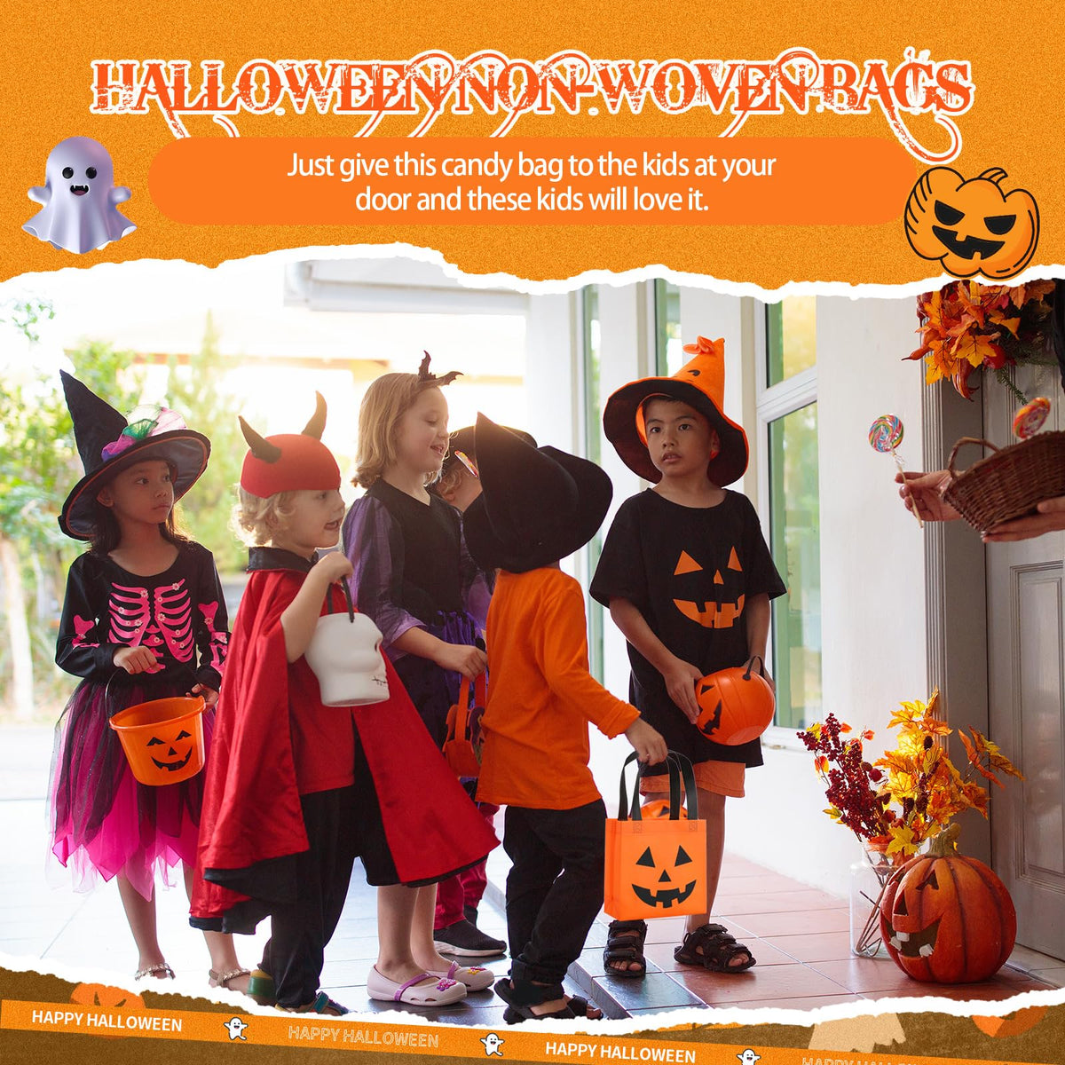 Silkfly 7.9 x 7.9 Inches Halloween Non Woven Bags Pumpkin Bags Trick or Treat Bags with Handles Goody Tote Gift Bag for Halloween Party Favors Supplies Kids Adults (50), (HAA-Silkfly-1274)