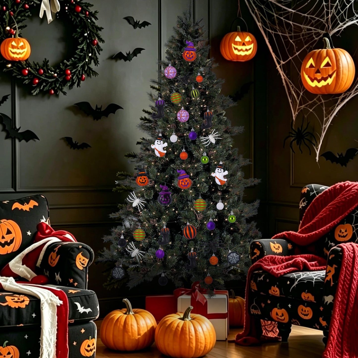 Fashlits Halloween Ball Ornaments Set, Shatterproof Halloween Tree Decorations Cute Pumpkim Ghost Spider Hanging Ornaments for Holiday Party Indoor Home Decor (35Pcs)