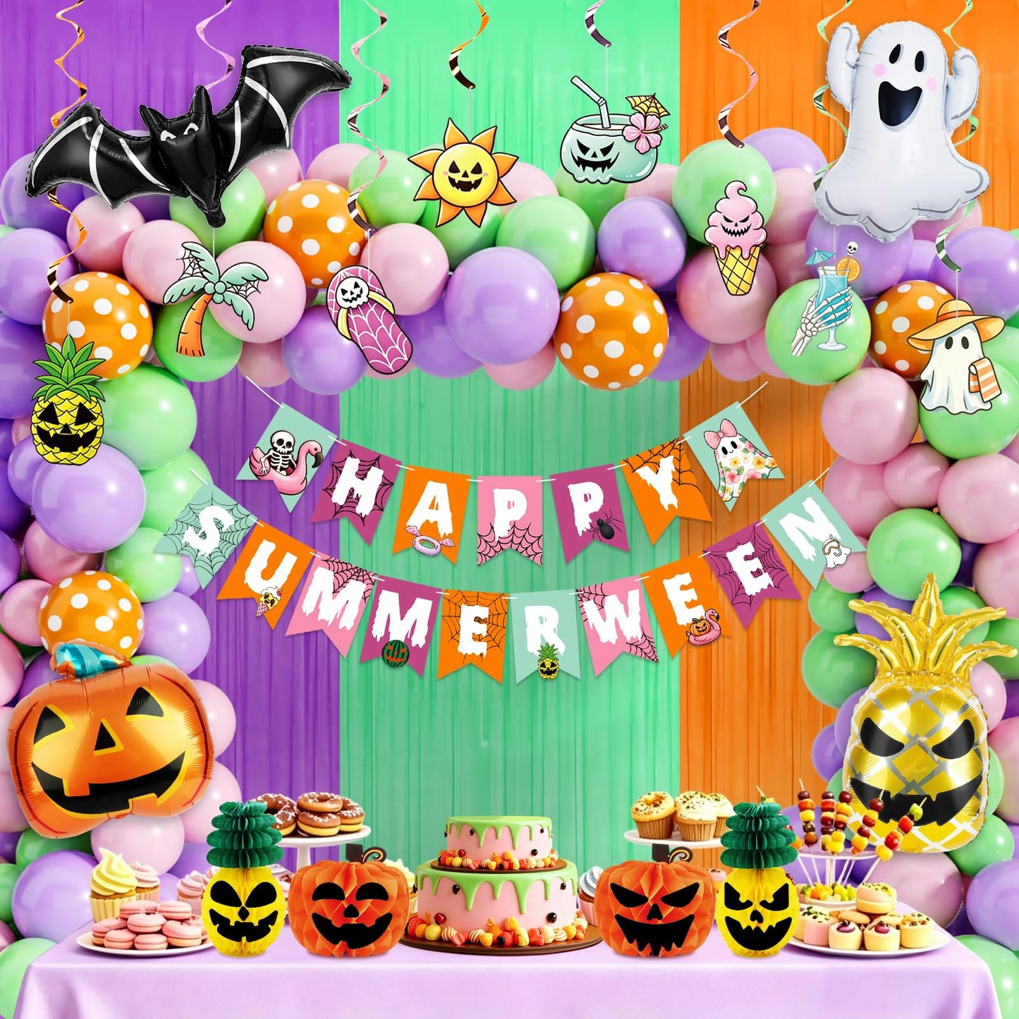 91Pcs Summerween Decorations Set - Summer Halloween Party Decorations with Happy Summerween Banner, Ghost Pineapple Balloons, Honeycomb Balls & Swirls - Spooky Summer Party Supplies for Birthday
