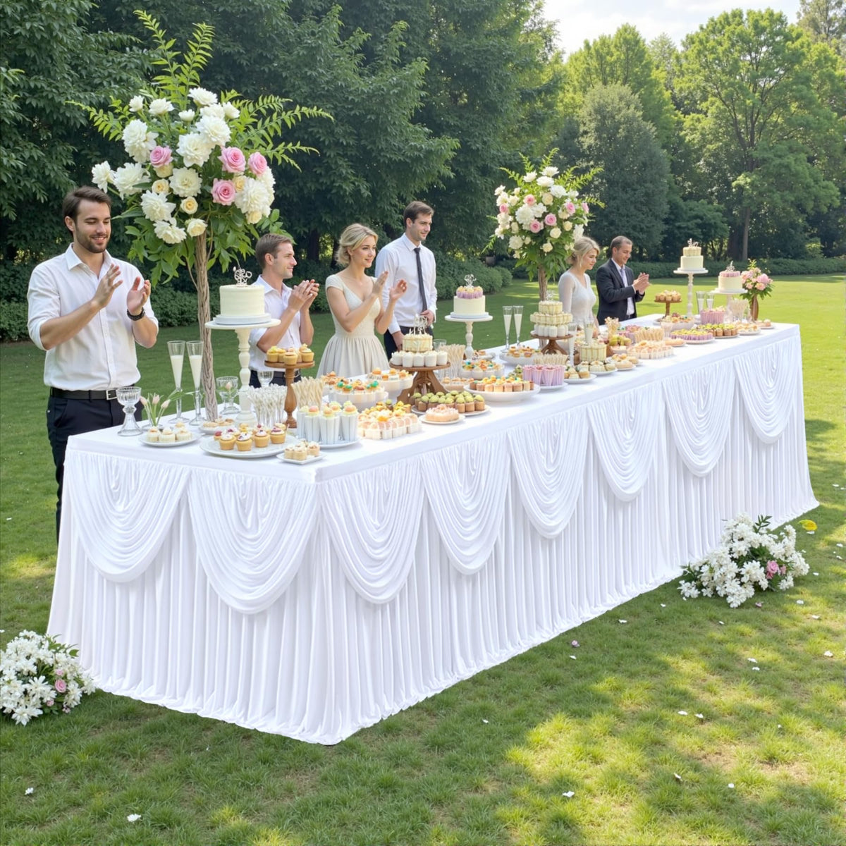 gogoparti White Tutu Table Skirts for Rectangle Tables 6ft Draped Pleated Table Skirt Polyester Tablecloth for Birthday Party Banquet Wedding Baby Shower
