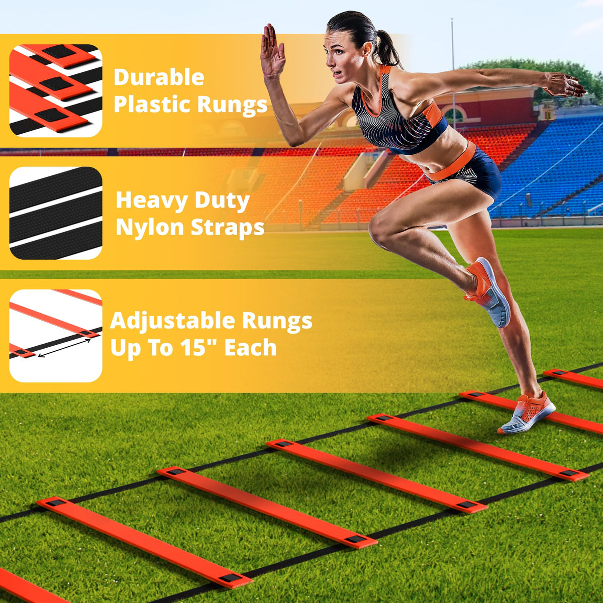 Yes4All Agility Ladder Adjustable Speed & Agility Training Equipment for All Ages, Durable Speed Ladder, Multiple Combo Sets Available, Orange,12 Agility Cones, 5 Hurdles, Jump Rope, Running Parachute