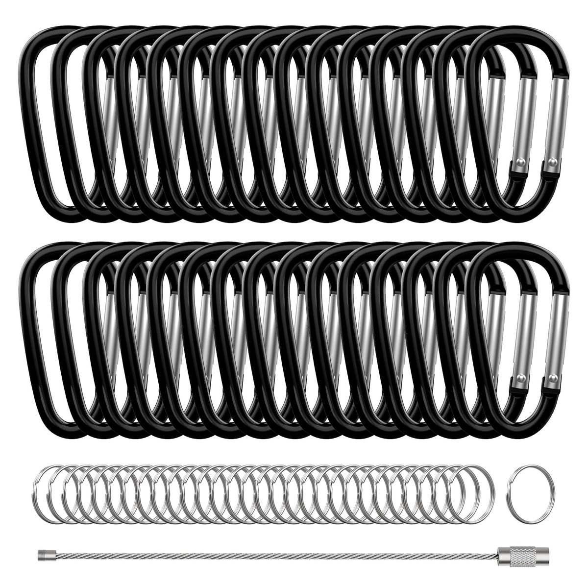 XIECHANEE 30PCS Aluminum Carabiner Clips, 2" D Shape Spring Snap Hooks Carabiner with 30PCS Keyring Keychain Hook, Black