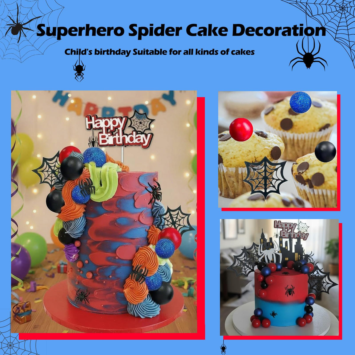 SWIMDOG 48 PCS Superhero Birthday Cake Topper Decorations, Spider Themed Party Favors Cupcake Cake Decoration