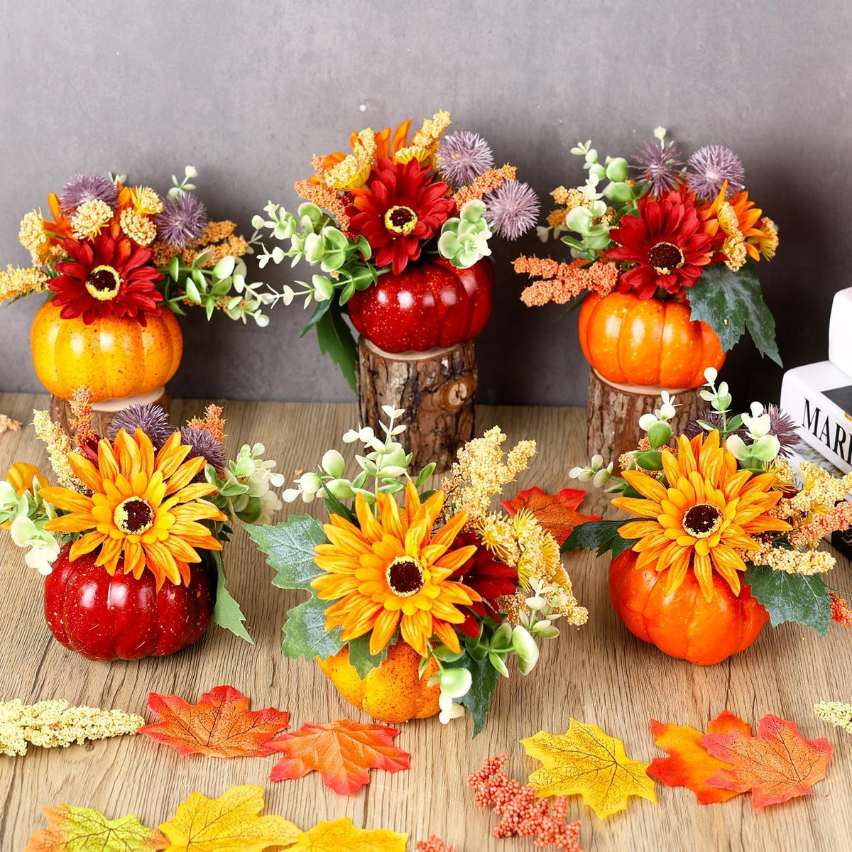 Set of 6 Mini Fall Pumpkin with Artificial Flower Decorations Thanksgiving Sunflower Centerpieces for Tables Harvest Fall Table Floral Decor Autumn Fireplace Mantle Living Room Home Kitchen Party