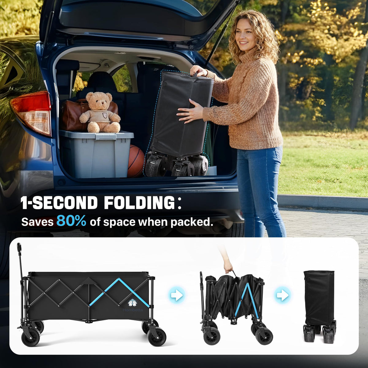 HOMBETTA 48" XL Collapsible Wagon Cart, 400L Heavy Duty Folding Wagon with All-Terrain Wheels, 560 lbs Capacity Utility Wagon for Camping, Garden, Sports, Beach and Shopping