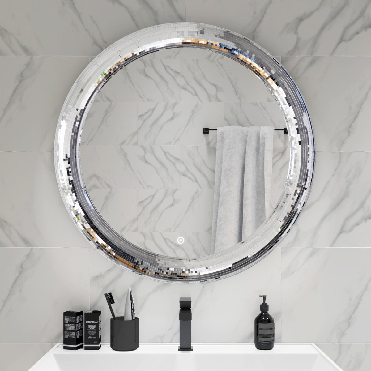 LuHeToz 23.6inch Round Decorative Wall Mirror with Mosaic Glass Frame, Silver Bathroom Vanity Mirror