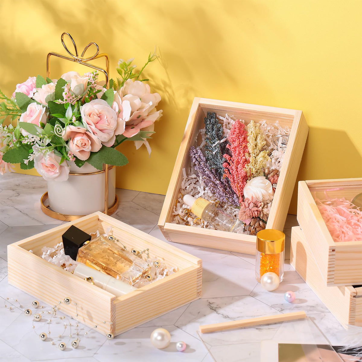 Thyle 12 Pcs 4.9 x 6.3 Inch Unfinished Wood Boxes with Acrylic Lids Small Unfinished Shadow Wood Boxes Crafts Gift for Flower DIY Wedding Party Favor Supplies