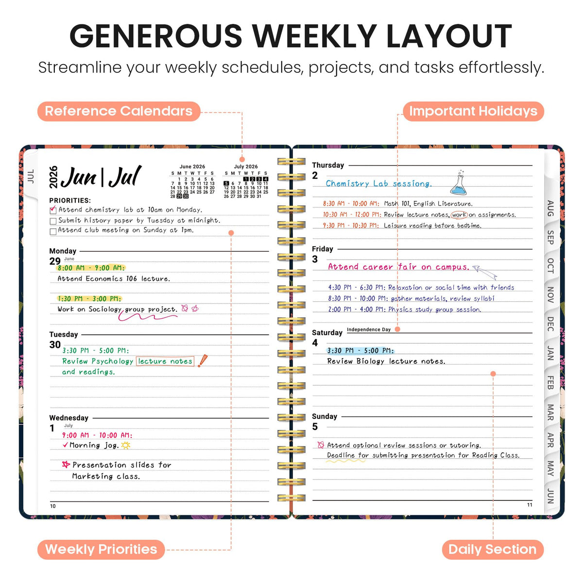 Planner 2026–2027, Weekly & Monthly Academic Organizer for School Year, Jul 2026–Jun 2027, Hardcover Planner with Tabs, Back to School Essential, 6.3" x 8.5", Wild Harmony