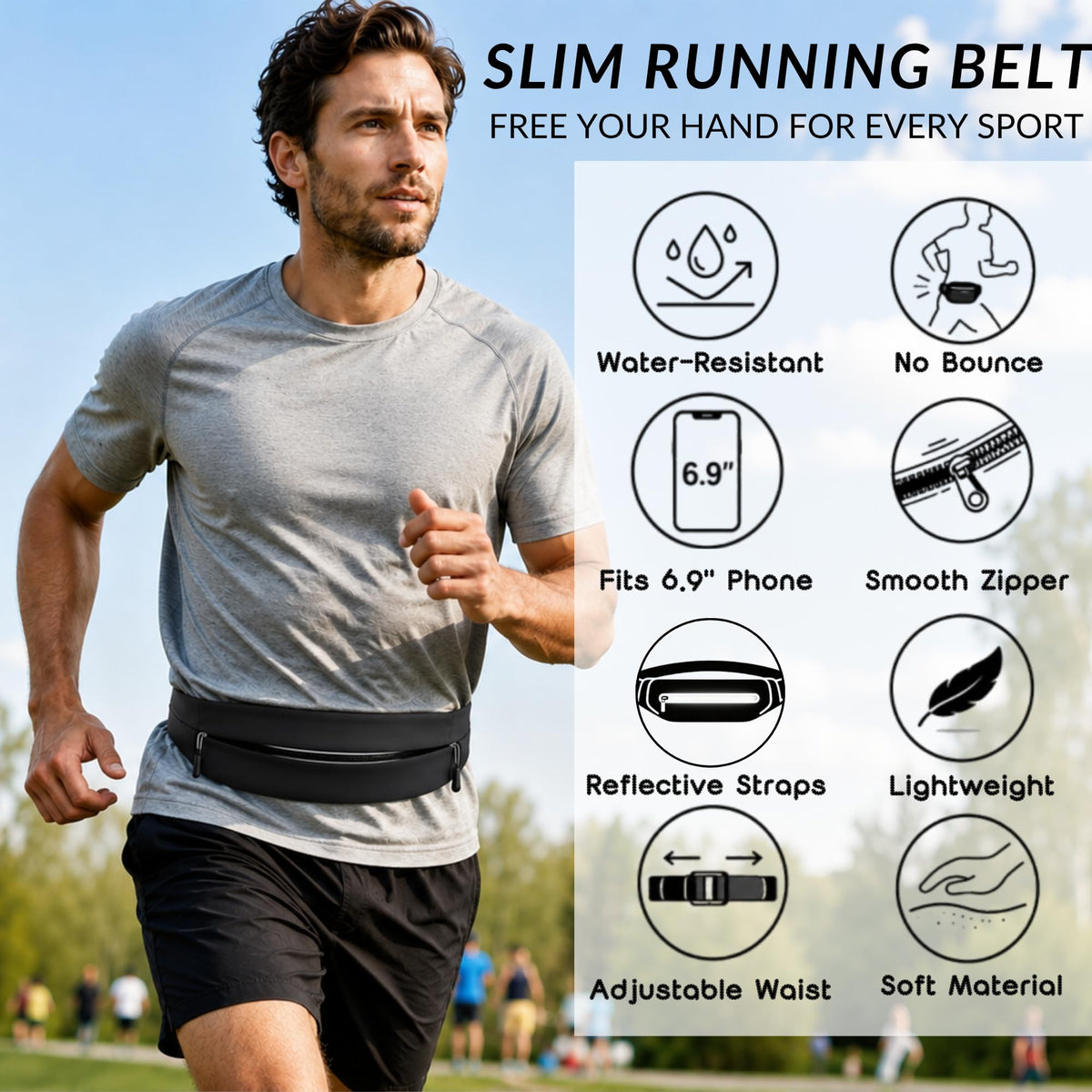 Running Belt for Men Women, Water-resistant Fanny Pack with 3 Zipper Pockets & Reflective Safety Strips, Adjustable Waist Pack Jogging Pouch for Phone, Keys & Essentials (Black, Large)