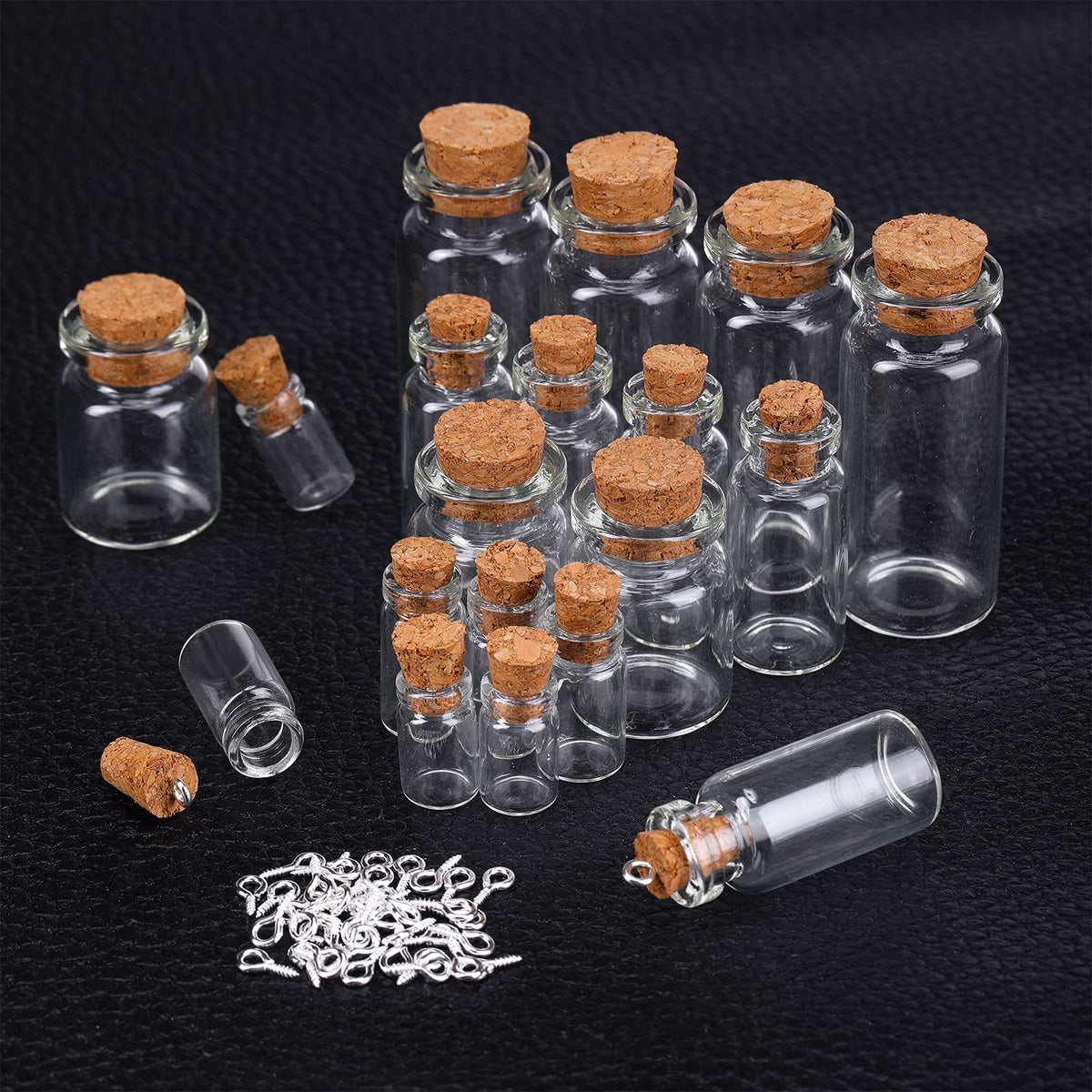 Sherli 45 Pcs Small Mini Glass Bottles with Cork Stoppers Small Glass Jars with Lids Tiny Spell Jars with 50 Eye Screws and 3 Funnels for DIY Art Craft(0.5ml, 1ml, 3ml, 5ml, 10ml)