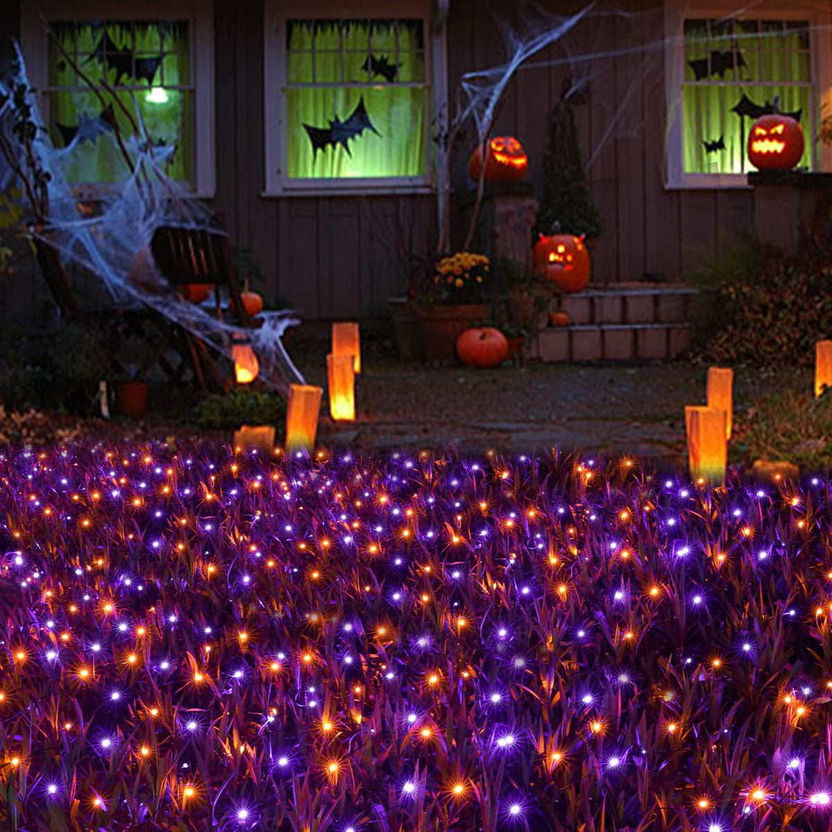 Joomer 12ft x 5ft 360LED Orange Purple Halloween Net Lights Outdoor Mesh lights, 8 Modes Timer Connectable Waterproof Bush Light Mesh Netting Light for Halloween Outdoor Decorations (Green Wire)