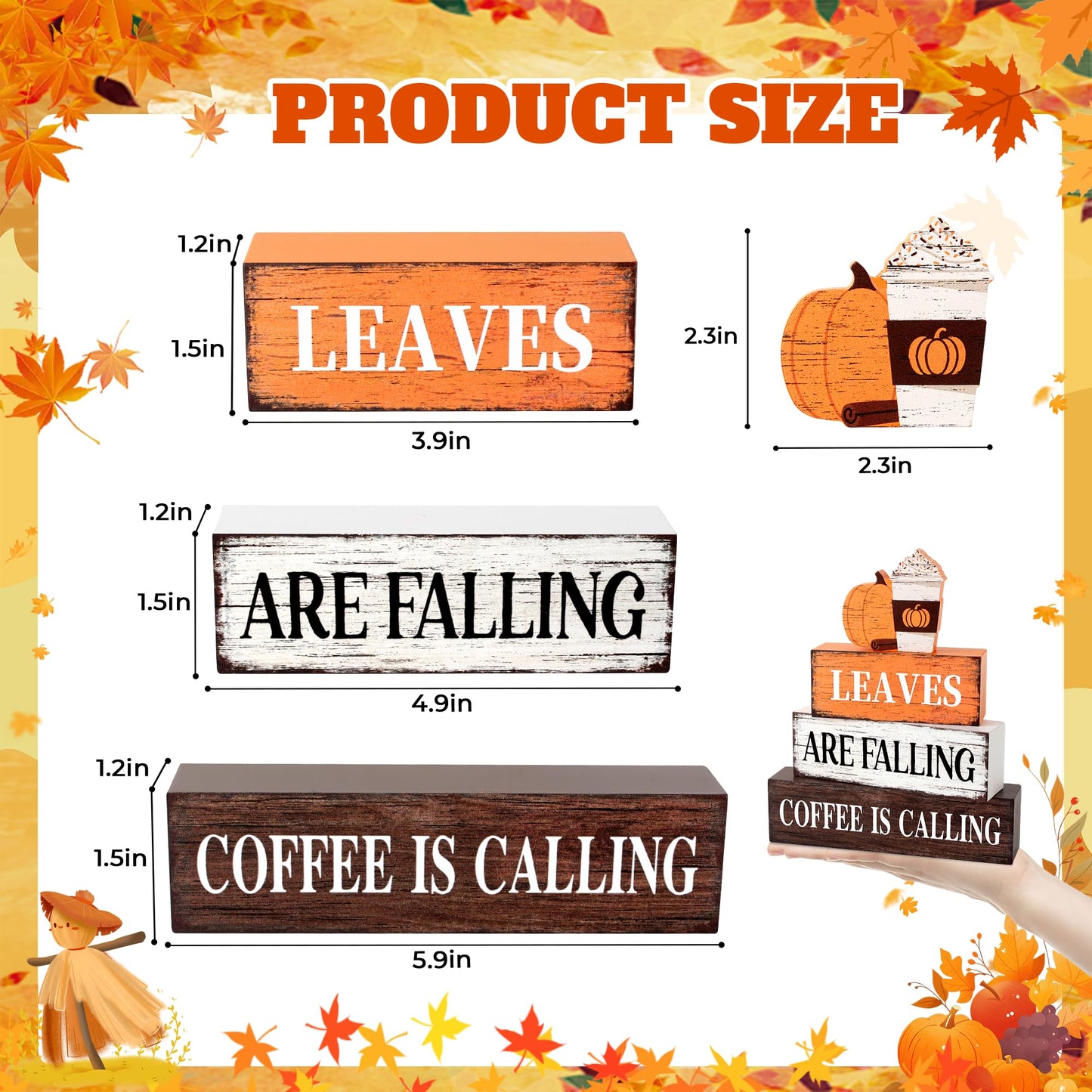 4 Pcs Fall Decor Wooden Tiered Tray Decor, Pumpkin Coffee Fall Decorations Gifts for Home, Autumn Thanksgiving Table Centerpiece for Autumn Harvest Party Kitchen