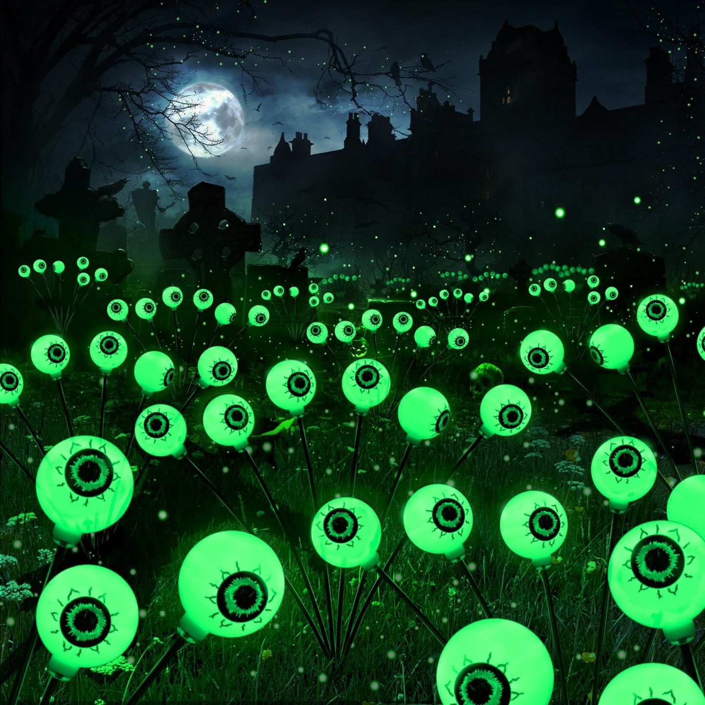 BrizLabs Solar Halloween Lights, 2 Pack 12 LED 2 Modes Halloween Eyeball Lights, Outdoor Pathway Light, Swaying Eye Firefly Walkway Lighting, Green Solar Lighting for Path Yard Garden Lawn