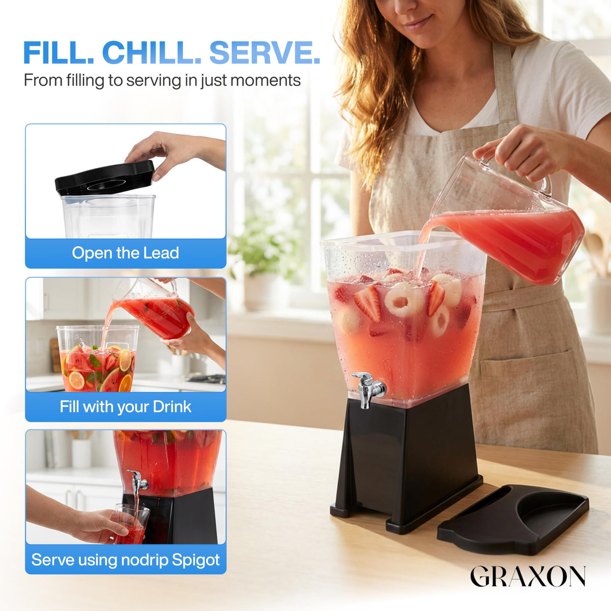 Large Drink Dispenser for Parties (3 Gallon) Slim Plastic Beverage Dispenser with Base for Counter Tops, No Mess, Easy to Assemble & Wash (1 Pack)
