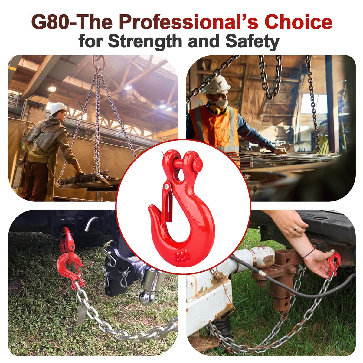 Lechansen G80 Clevis Slip Hook, 5/16" Chain Hooks with Safety Latch, Heavy-Duty Winch Hook, Grade 80 Forged 4 Pack Transport Tow Hook for Maximum Strength Load 18,800 Lbs