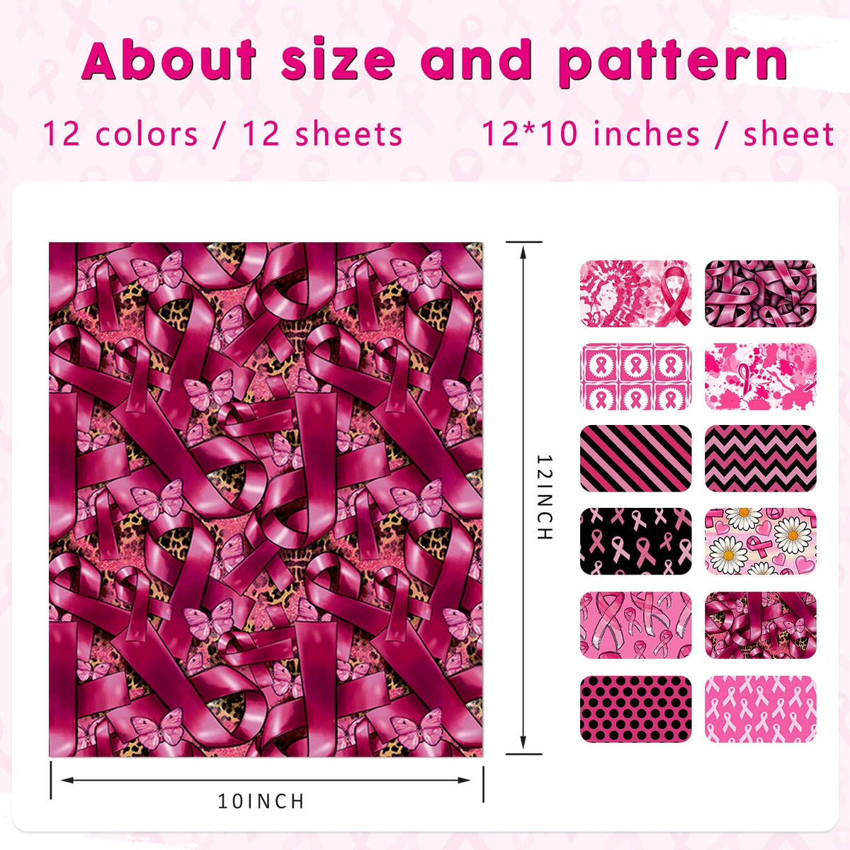 Tintnut Black Pink Ribbon Sublimation Ink Transfer Sheets - 12 Sheets 12"x10"Pink Ribbon Pattern Sublimation Transfer Paper Bundle for DIY Mugs, Tumblers, Key Chain, T-Shirts