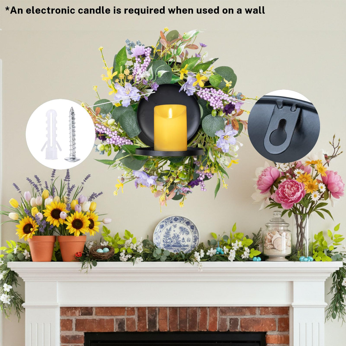 MOYEE Summer Candle Holder Centerpieces for Tables,Candle Ring, Black Metal Candlestick with an Artificial Wreath 14 in Versatile Dining Table Centrepiece (Purple Foam Flower Wreath)