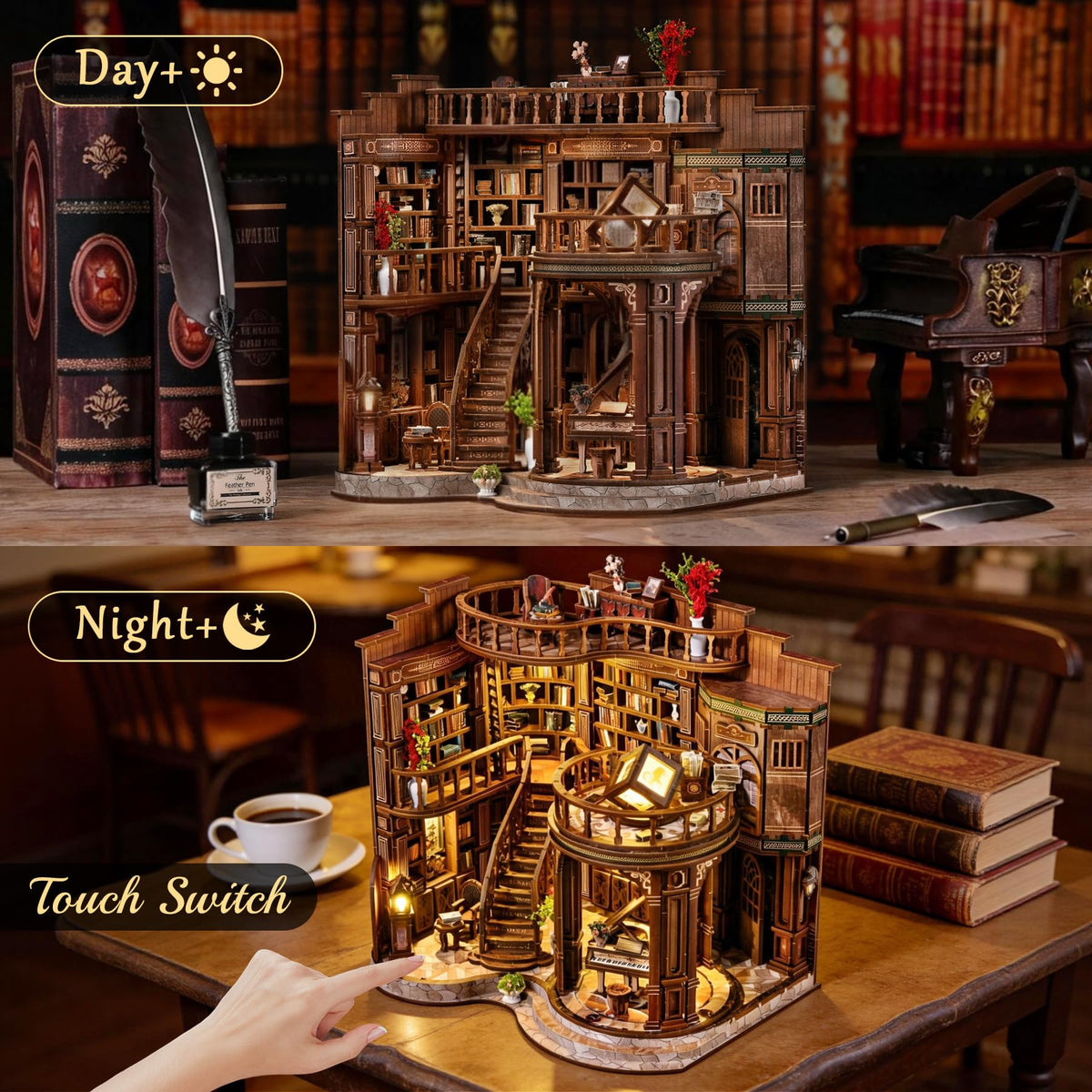 SUNNINO Book Nook Kits for Adults, DIY Miniature Dollhouse Kit 3D Wooden Puzzles for Adults and Beginners with Led Light, Book Nook Bookshelf Decor Craft Gifts for Family Friends (Dreamy Book Hall)