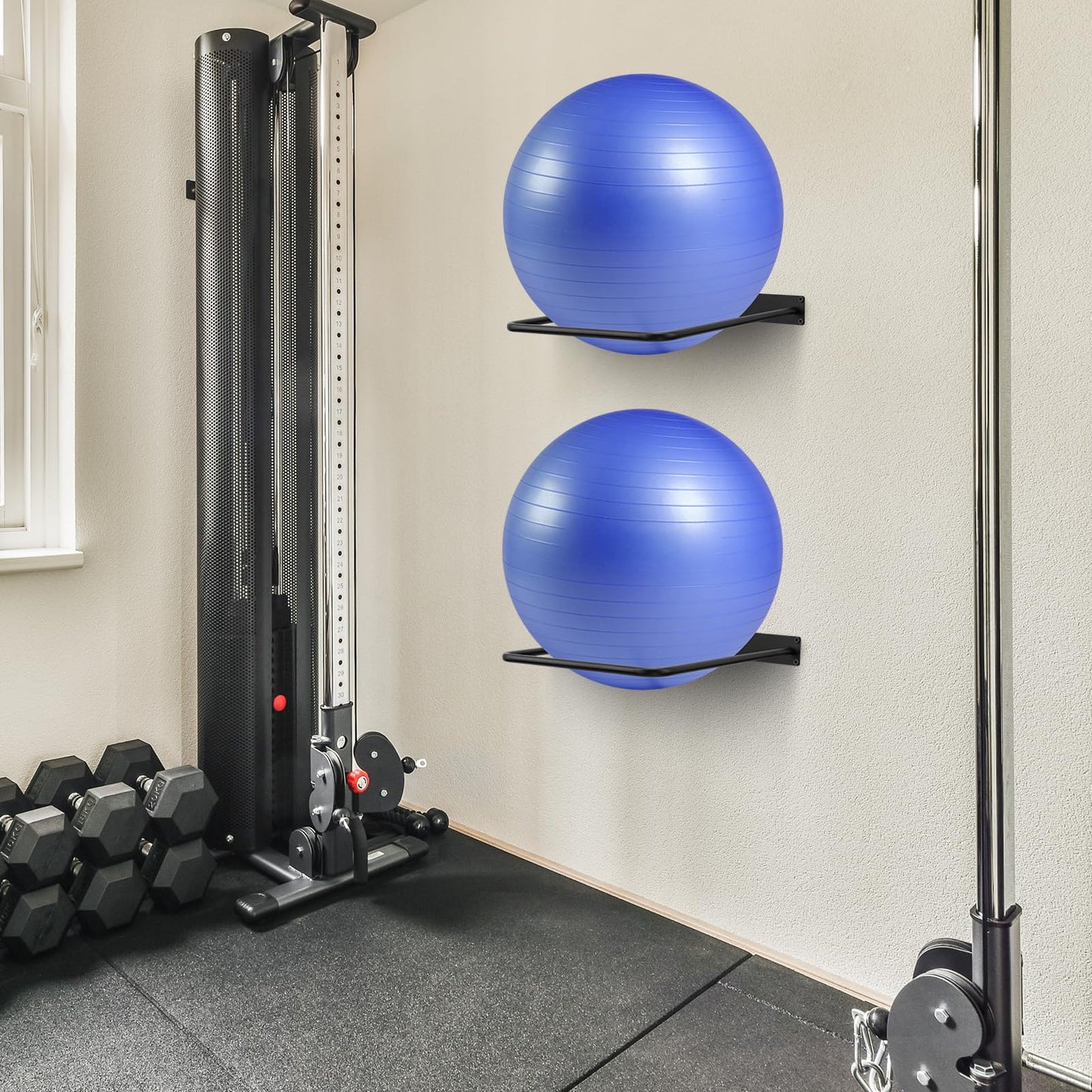 Large Stability Ball Wall Rack Yoga Ball Storage Rack, Yoga Studio and Home or Commercial Gym Exercise Ball Equipment Organizer (2Black)