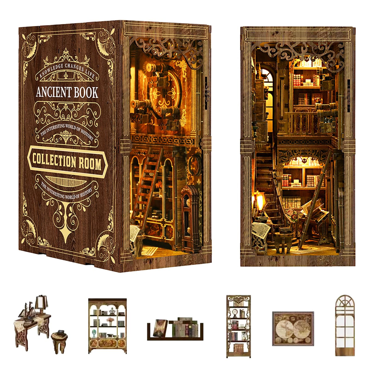 Book Nook Kit - DIY Miniature House Kit for Adults and Teens, 3D Wooden Puzzle Book Nook Craft Bookshelf Decor, Gifts for Birthday Father's Day, Ancient Books Collection Room