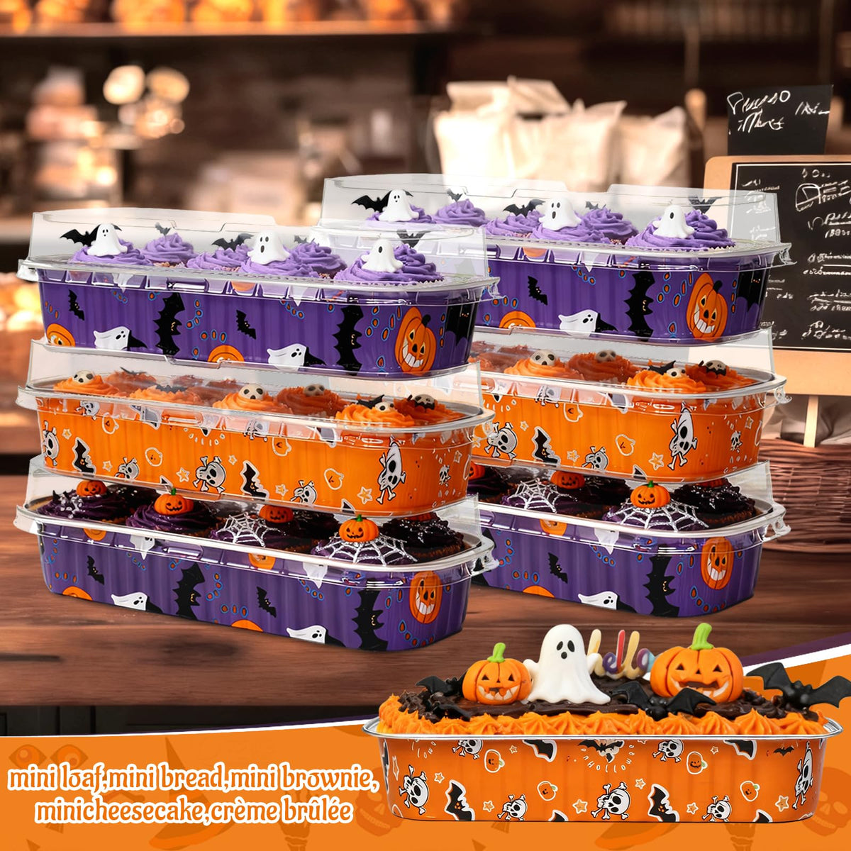 ylnurac 100Pack Halloween Mini Cake Pans Disposable Mini Loaf Pans with Lids and Spoons, 6.8Oz Aluminum Foil Pans Tins, Individual Dessert Cups Containers for Sales,Party,Picnics