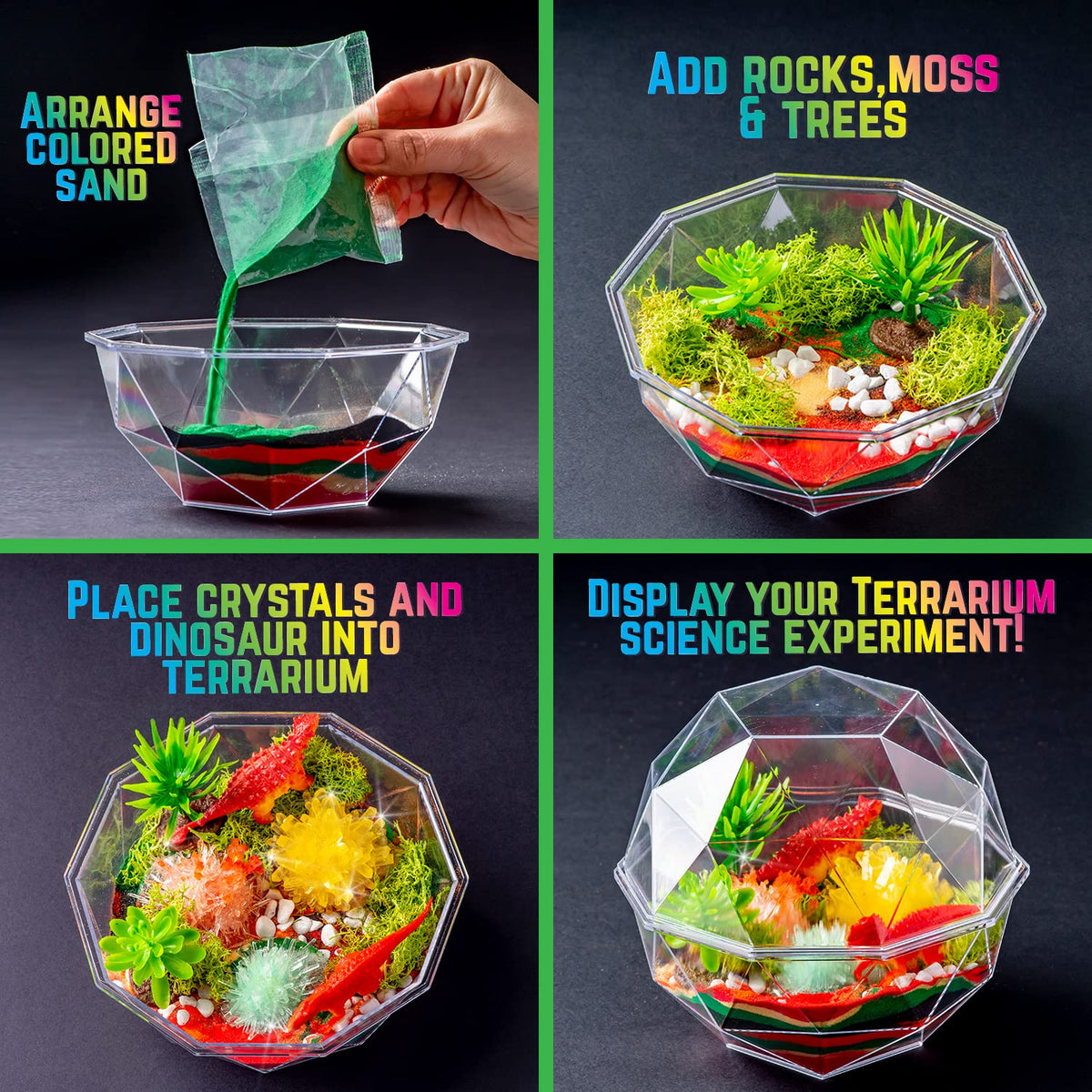 Original Stationery Dinosaur Crystal Growing Kit - Multicolor, 17-Piece, Ages 7 & Up - DIY Science Terrarium Kit with Moss & Dino Figures - Grow Your Own Crystals - Boys Birthday Gifts