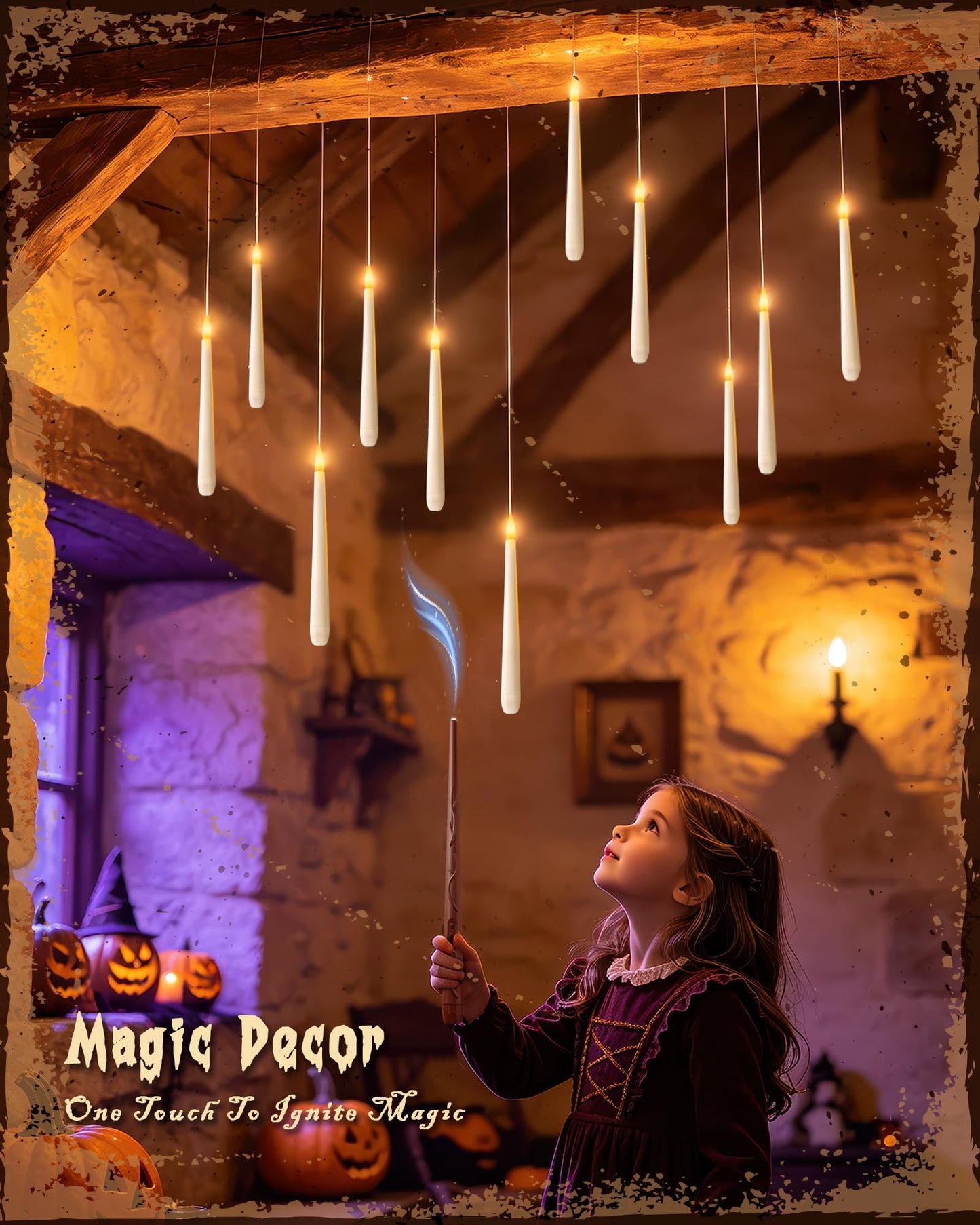 Meigic 20PCS Floating Candles with Wand Remote, Flameless Hanging Taper Candles with Flickering Warm Light, Battery Operated Magic Candles for Halloween Indoor Ceiling Decor, Hallway, Bedroom, Party