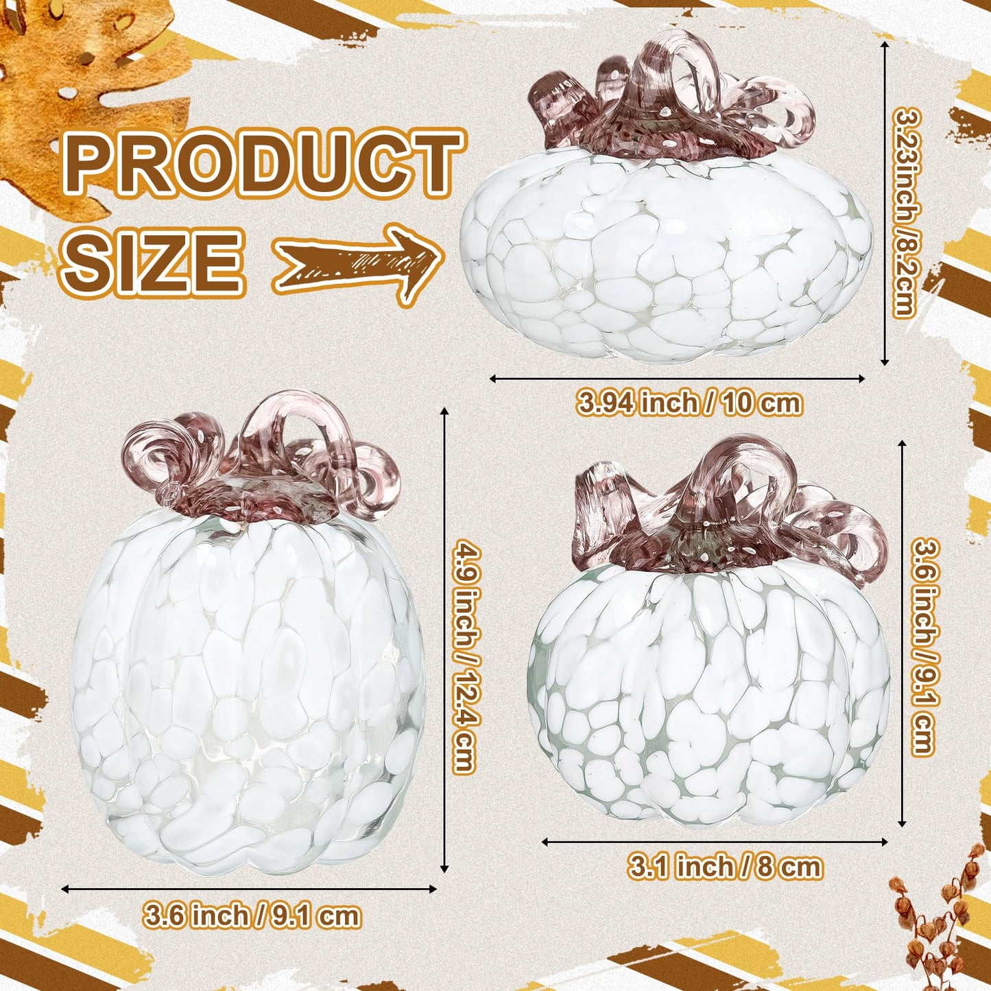 Geelin 3 Pcs Hand Blown Glass Pumpkin Figurine Autumn Crystal Glass Pumpkin Collectible Ornaments for Tabletop Thanksgiving Halloween Fall Harvest Decorations (White)