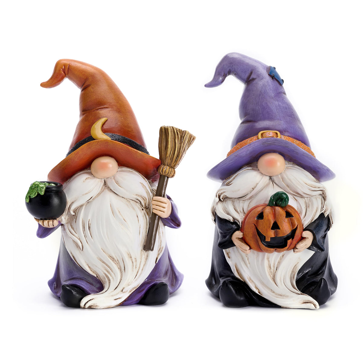 Valery Madelyn Gnomes Halloween Decorations Indoor, 2 Pcs Resin Gnome Decor for Home with Witch Hat Broom Jack O Lantern Moon, Halloween Figurines Elf Dwarf for Table Tiered Tray Outdoor, 3.6"