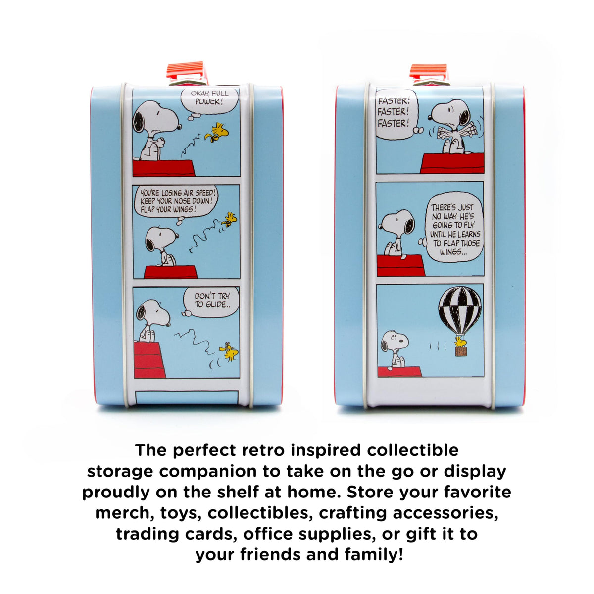 Aquarius Peanuts Snoopy Tin Fun Box with Embossed Cover and Handle 8 x 6 Inches - Collectible Retro Container for Kids Toys, Cards and Memorabilia